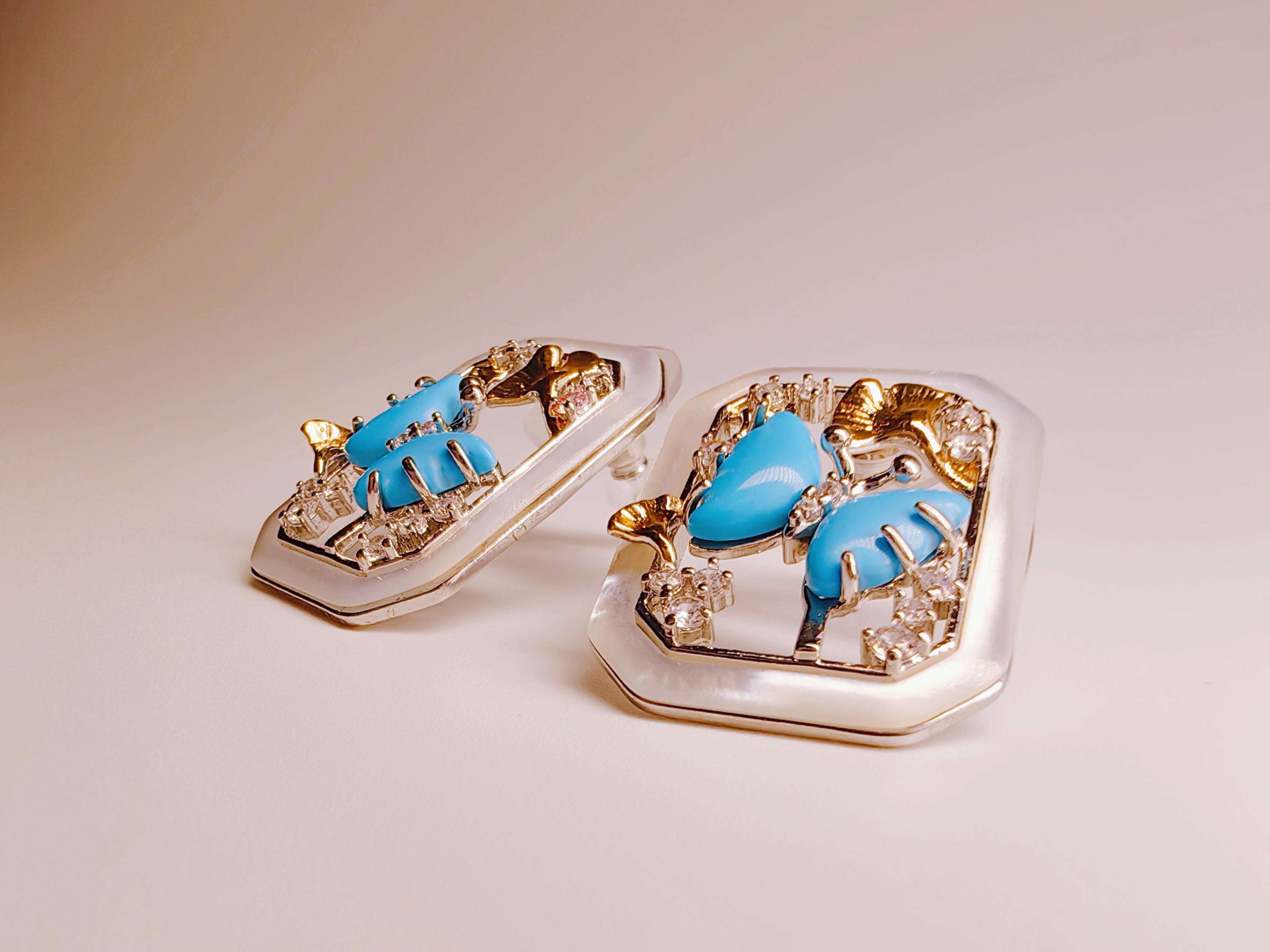 Silver-Plated Turquoise Style & Mother-of-Pearl Frame Stud Earrings
