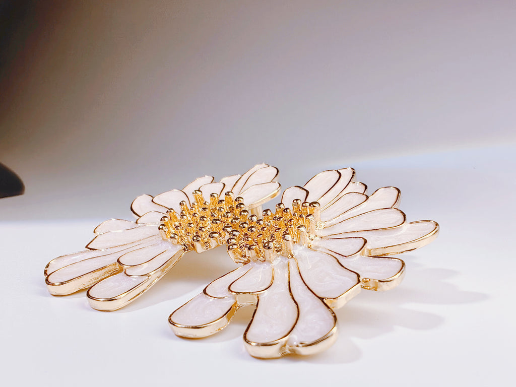 Gold-Tone White Enamel Daisy Stud Earrings