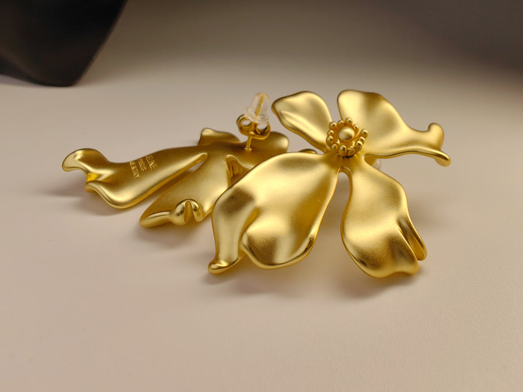 Matte Gold Orchid Flower Stud Earrings