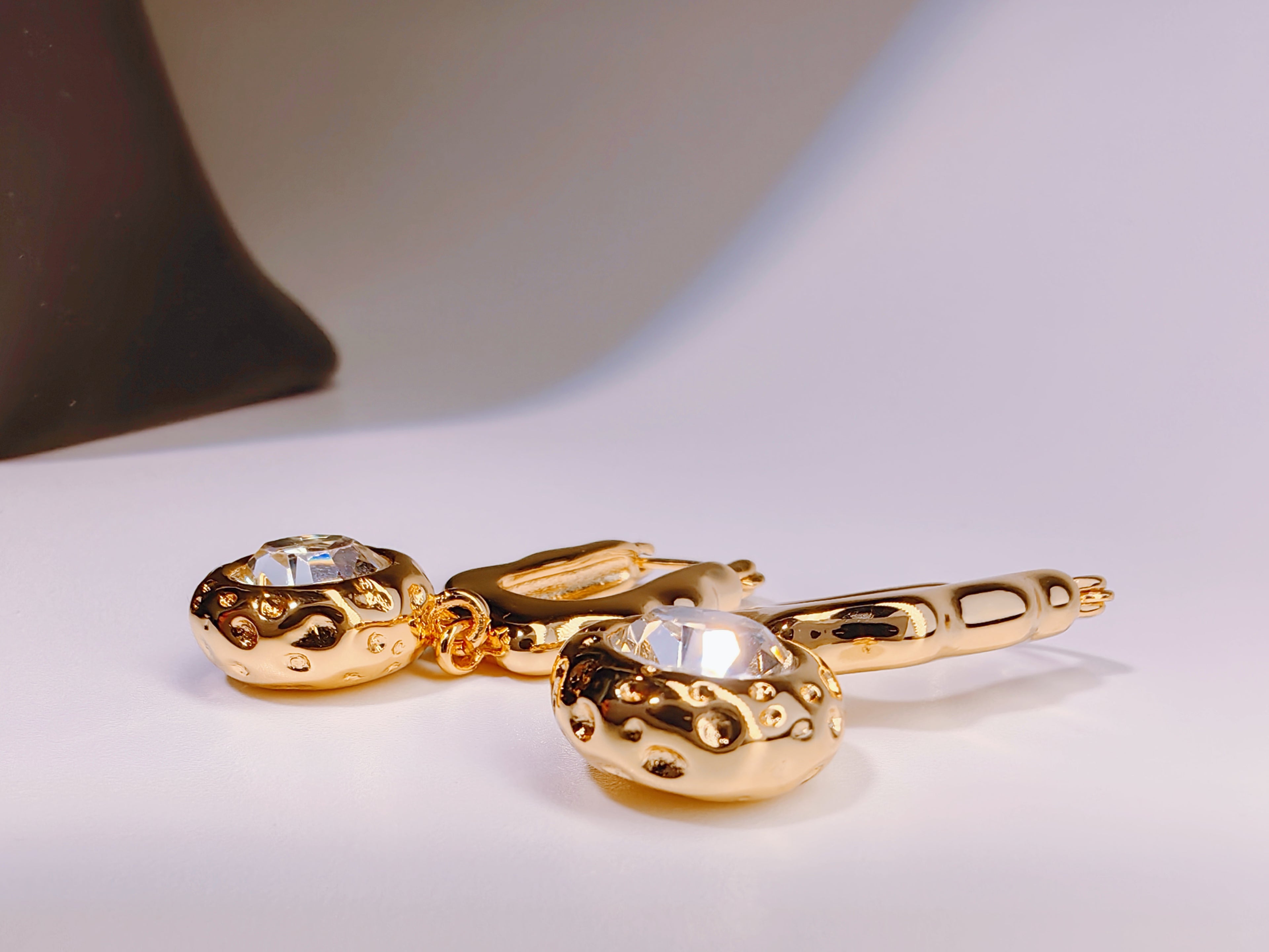 Moon Rock Hammered Gold Crystal Drop Hoops