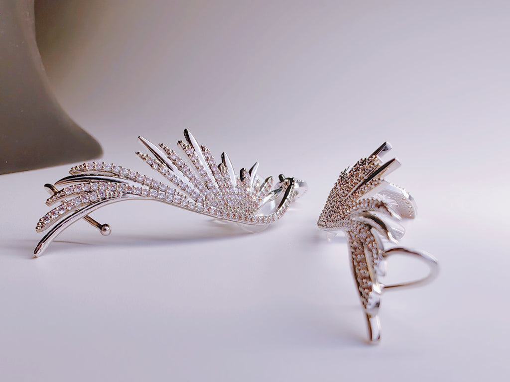 Silver-Plated CZ Feather Ear Climber Earrings