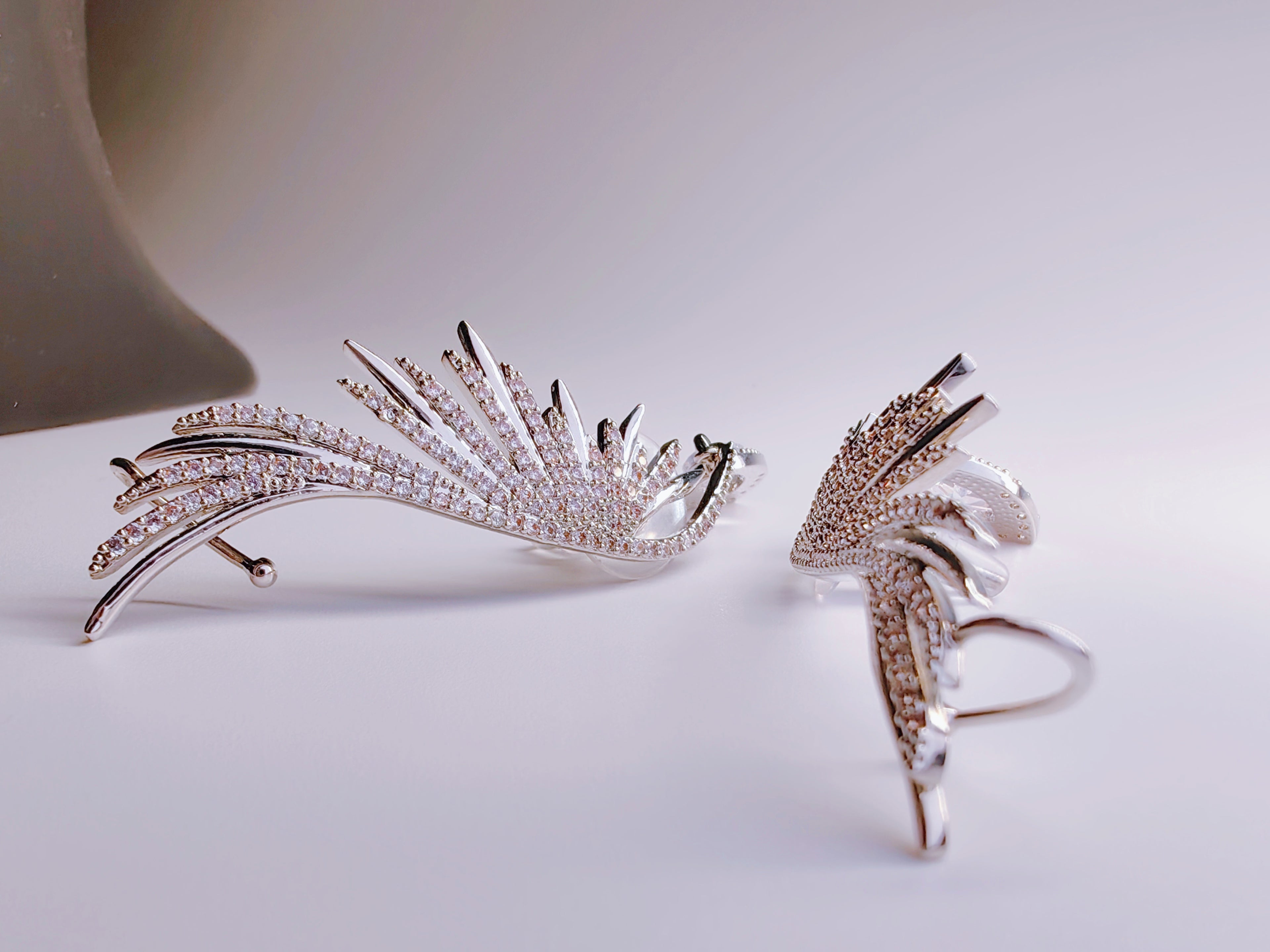 Silver-Plated CZ Feather Ear Climber Earrings