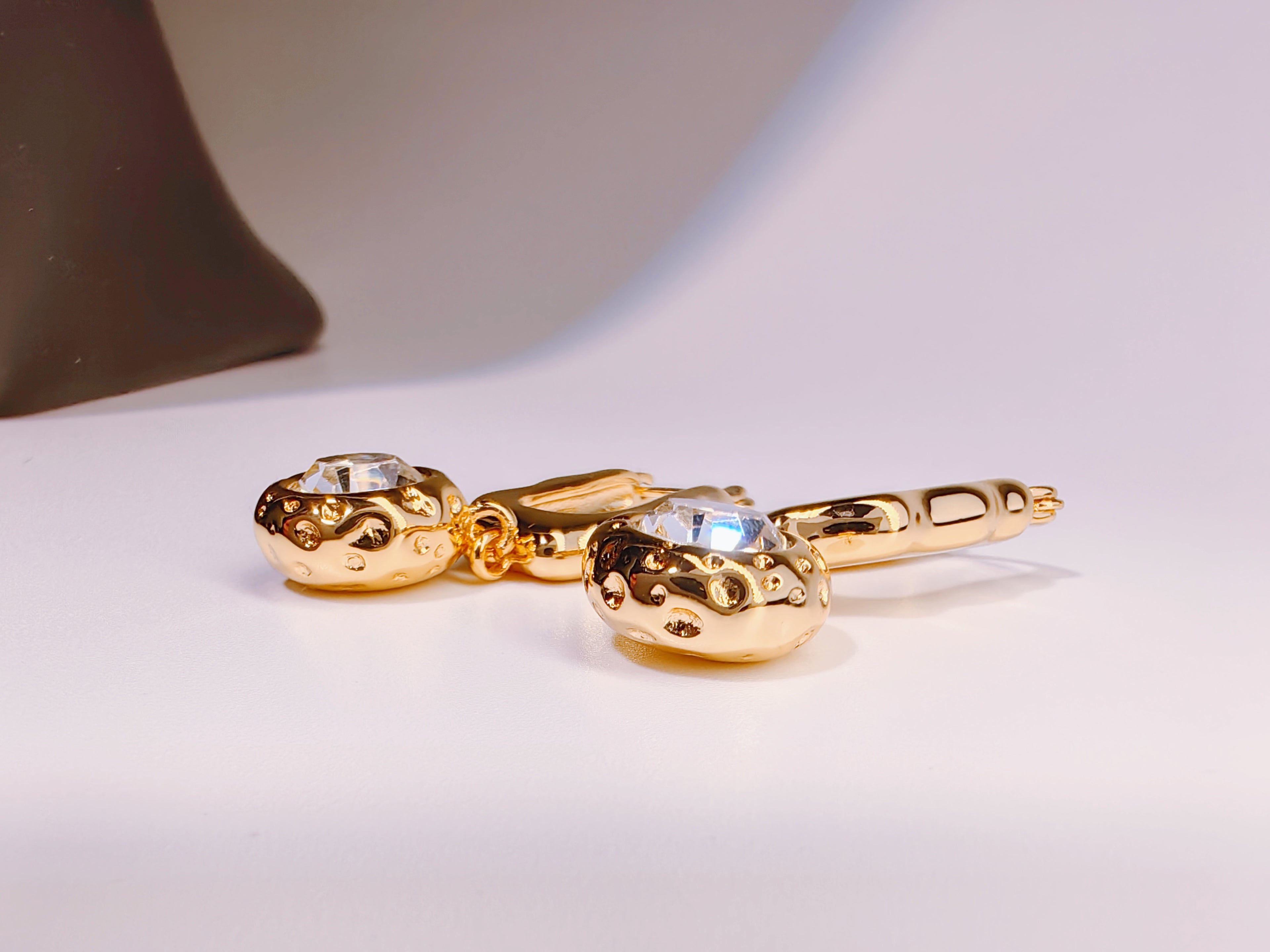 Moon Rock Hammered Gold Crystal Drop Hoops