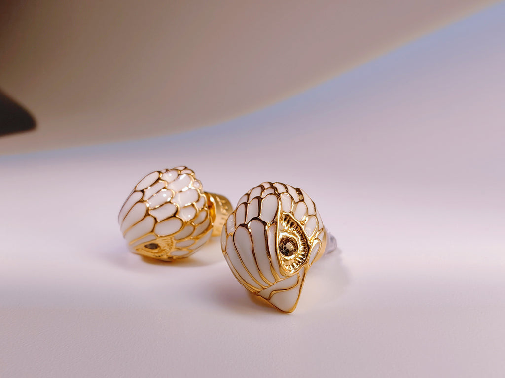 Gold Tone White Enamel Eagle Head Stud Earrings