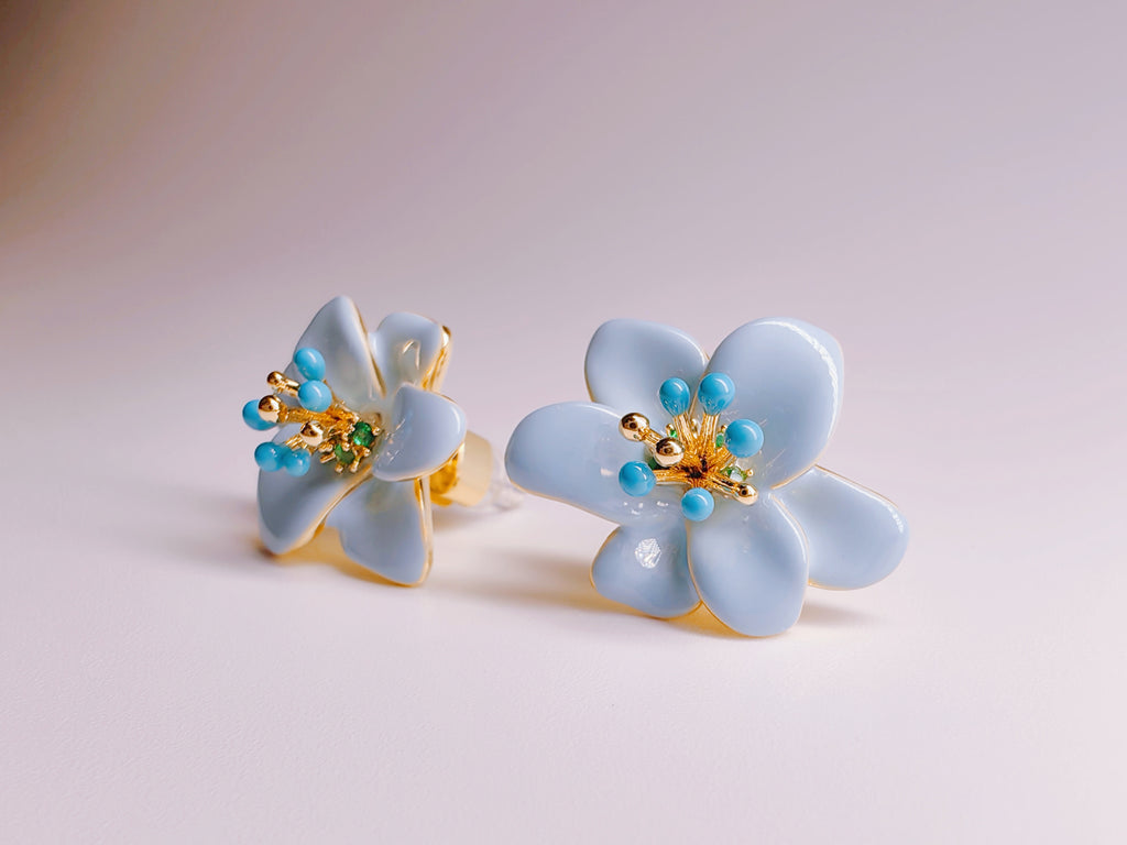 Gold-Plated Light Blue Enamel Flower Stud Earrings