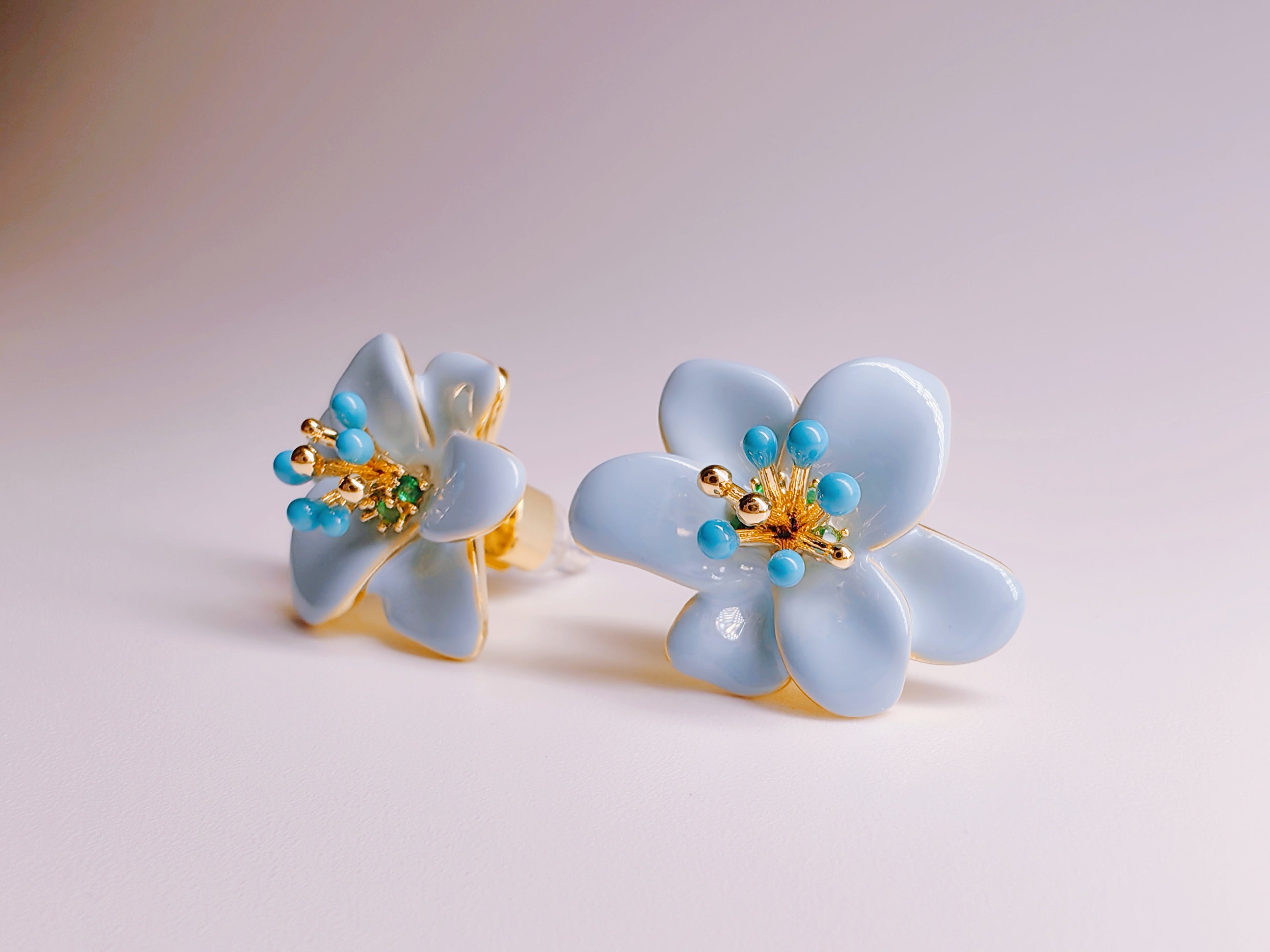 Gold-Plated Light Blue Enamel Flower Stud Earrings