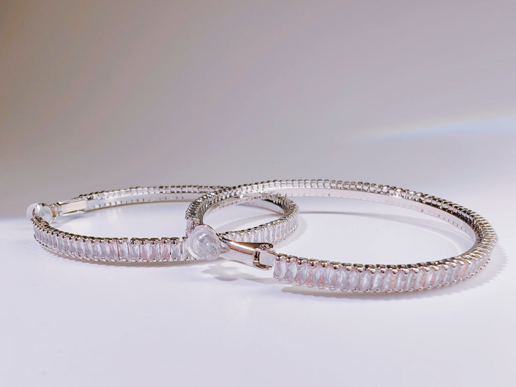 Silver-Tone Baguette Cut CZ Hoop Earrings
