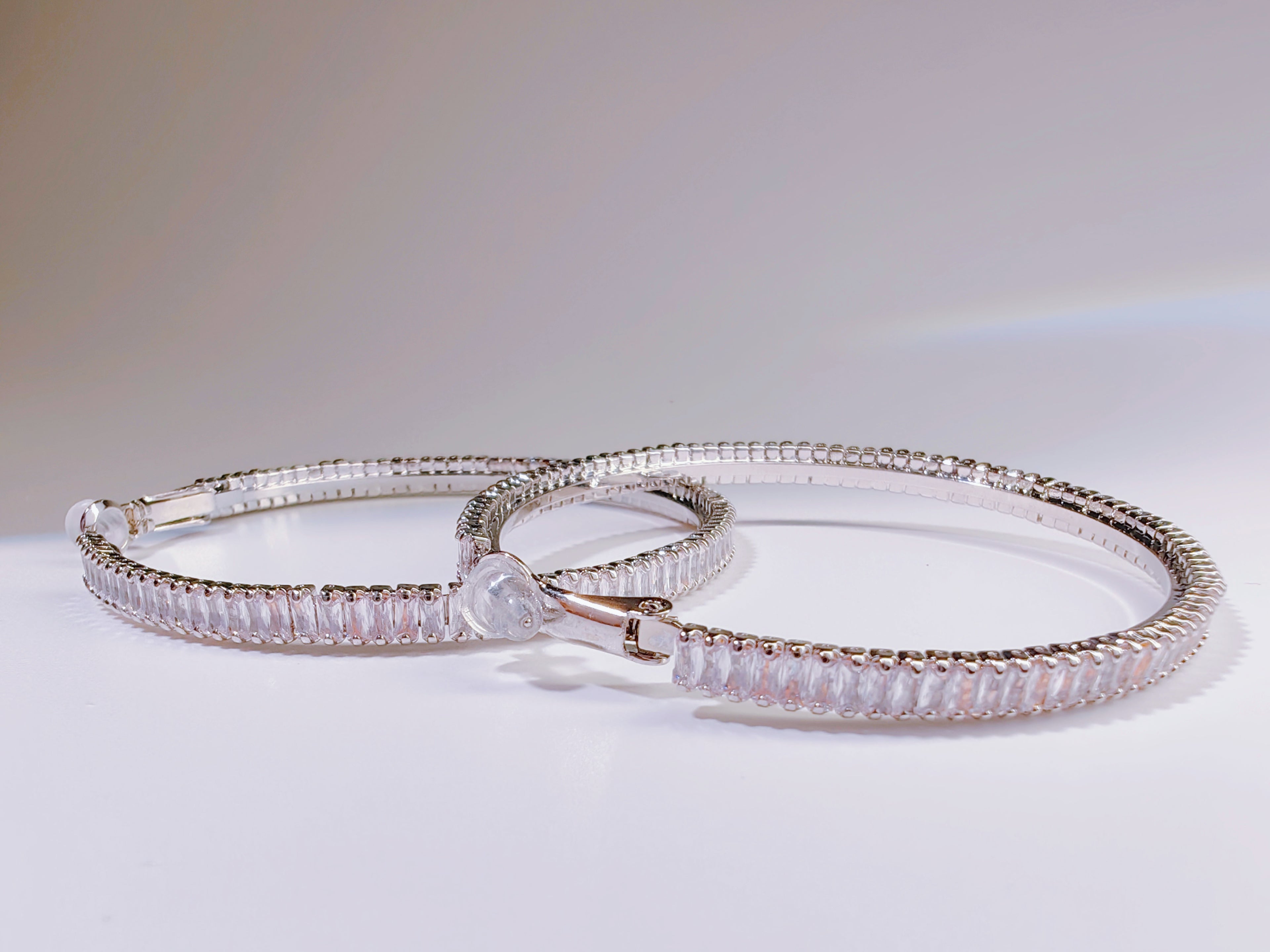 Silver-Tone Baguette Cut CZ Hoop Earrings