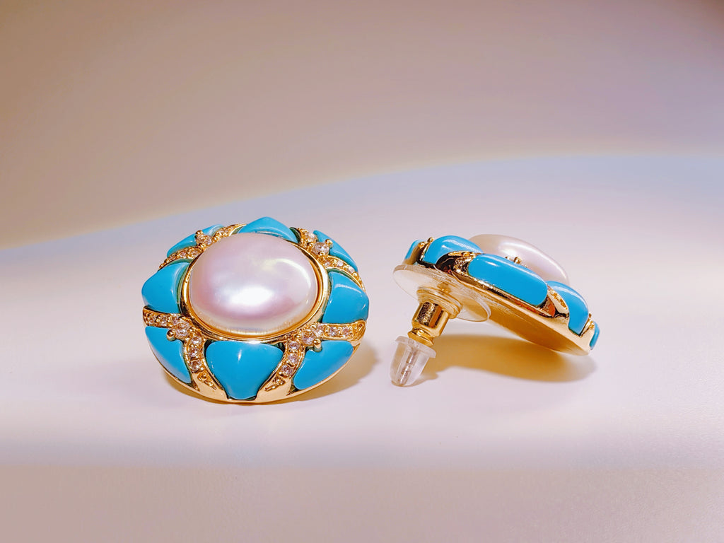 Gold-Tone Turquoise & Baroque Pearl Stud Earrings
