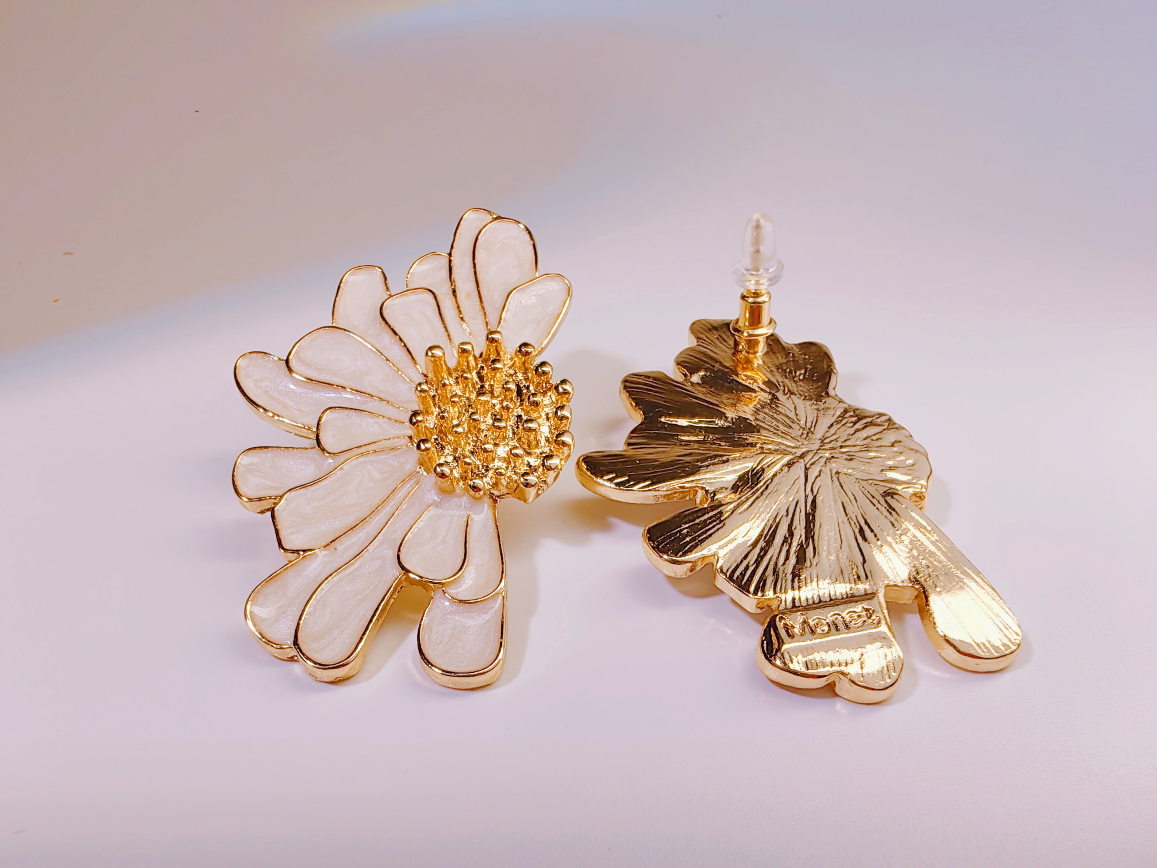 Gold-Tone White Enamel Daisy Stud Earrings