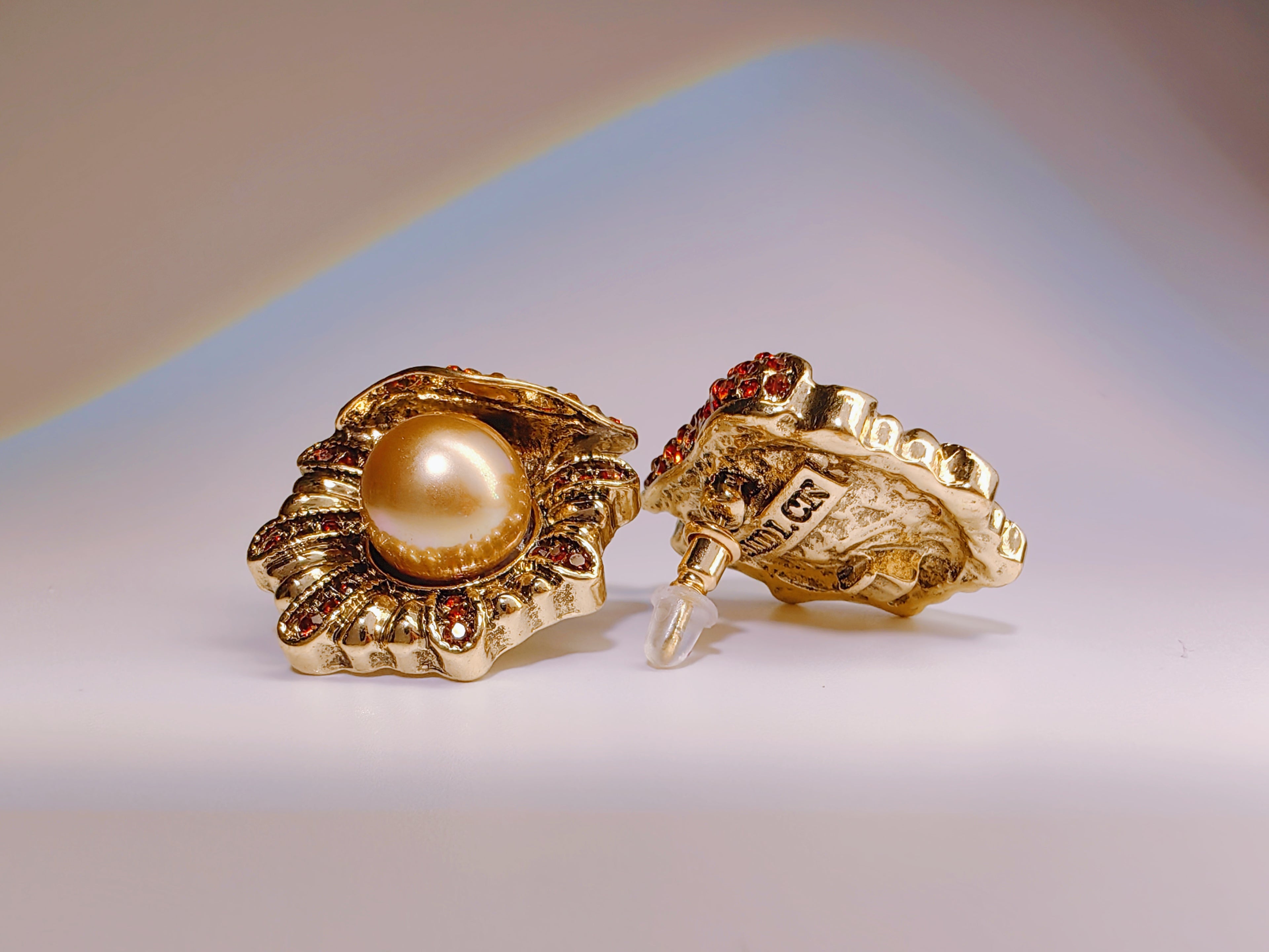 Antique Style Champagne Pearl & Red Crystal Studs
