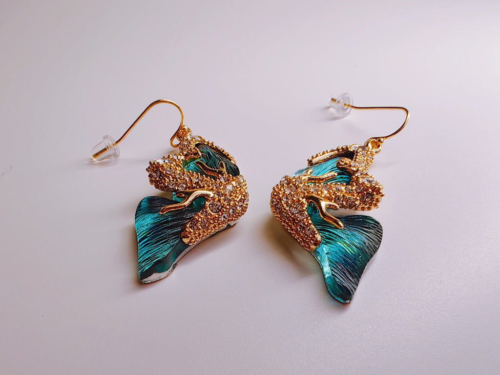 Gold-Plated Teal Enamel & CZ Butterfly Drop Earrings