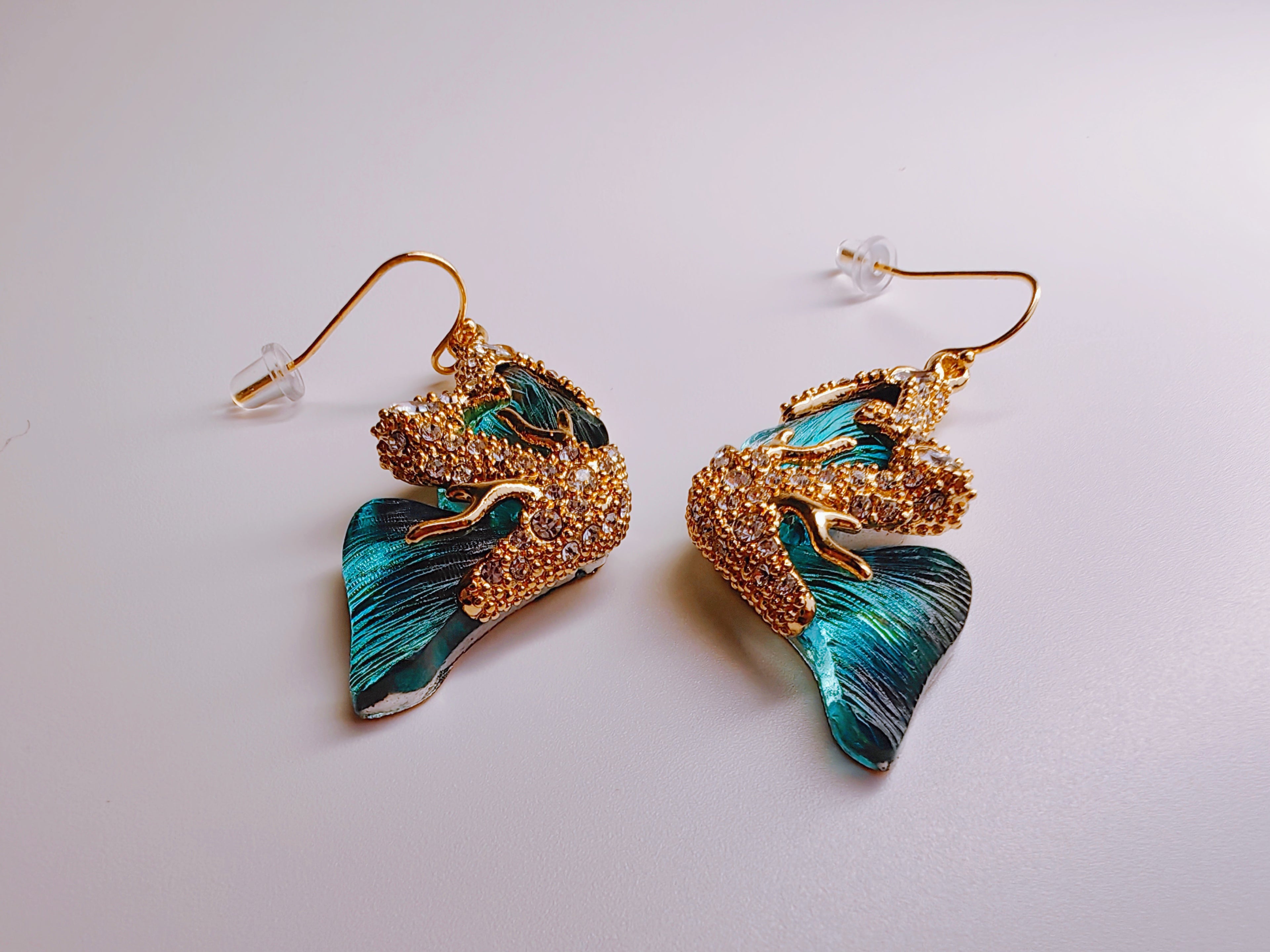 Gold-Plated Teal Enamel & CZ Butterfly Drop Earrings