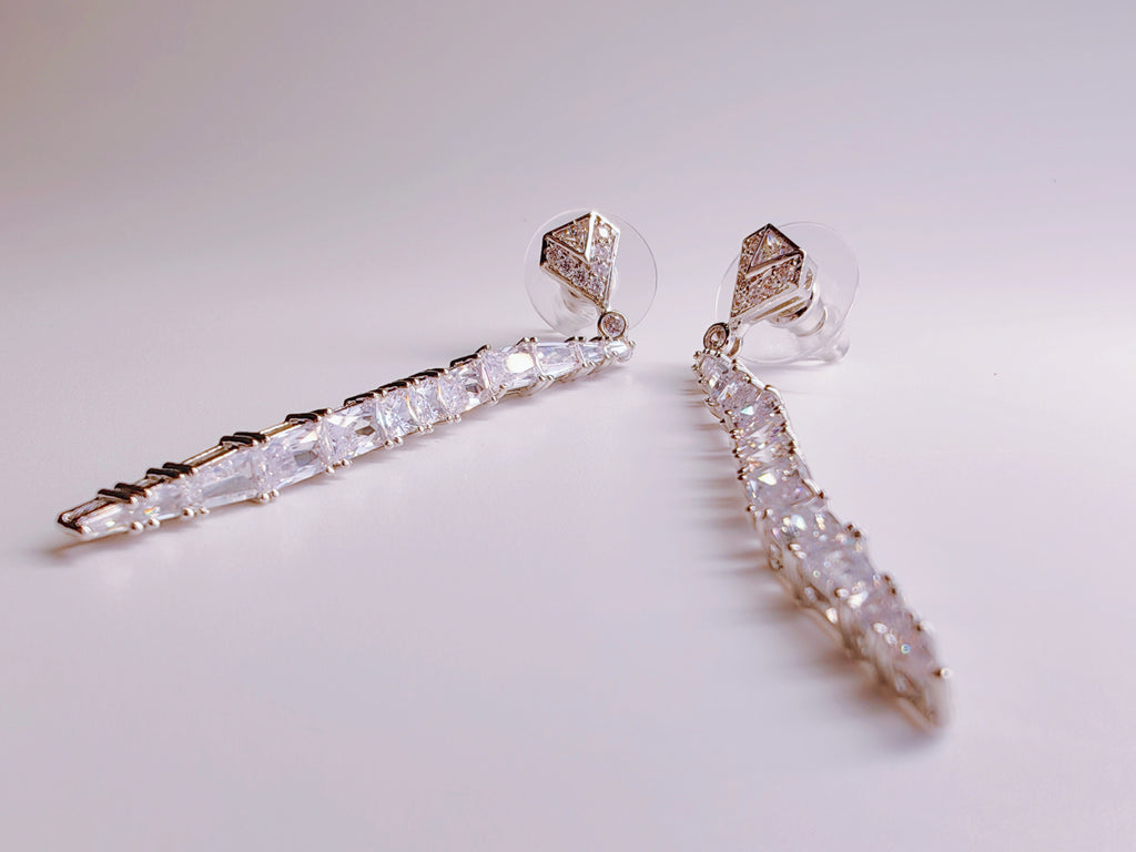 Clear Cubic Zirconia Long Bar Drop Earrings