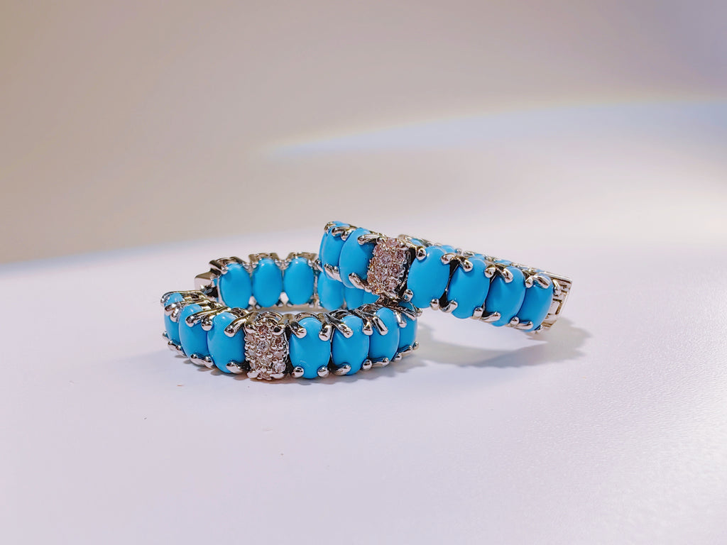 Silver-Tone Turquoise CZ Hoop Earrings