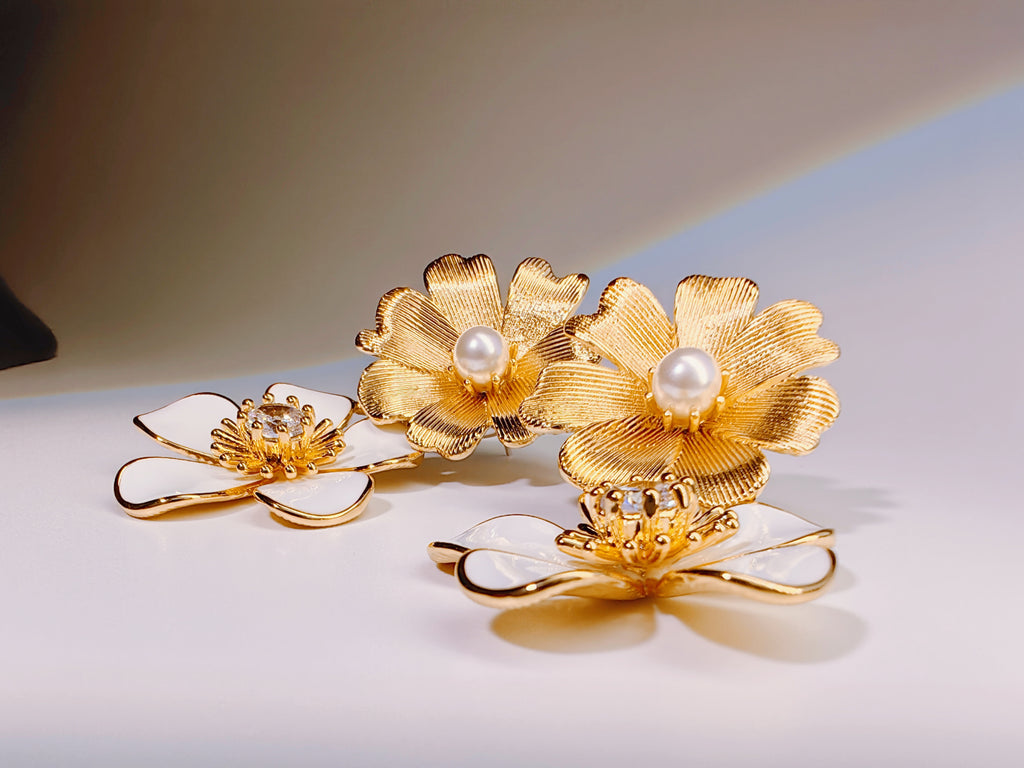 Brushed Gold Flower Stud Earrings with Pearl Center