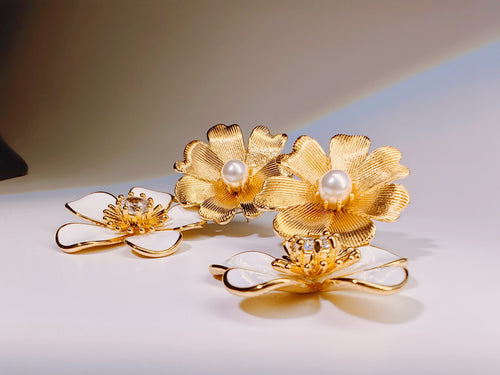 Brushed Gold Flower Stud Earrings with Pearl Center