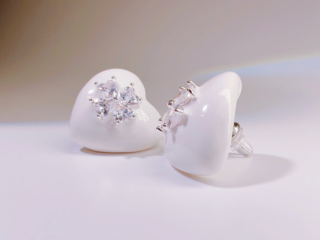 White Enamel Heart Stud Earrings with CZ Flower