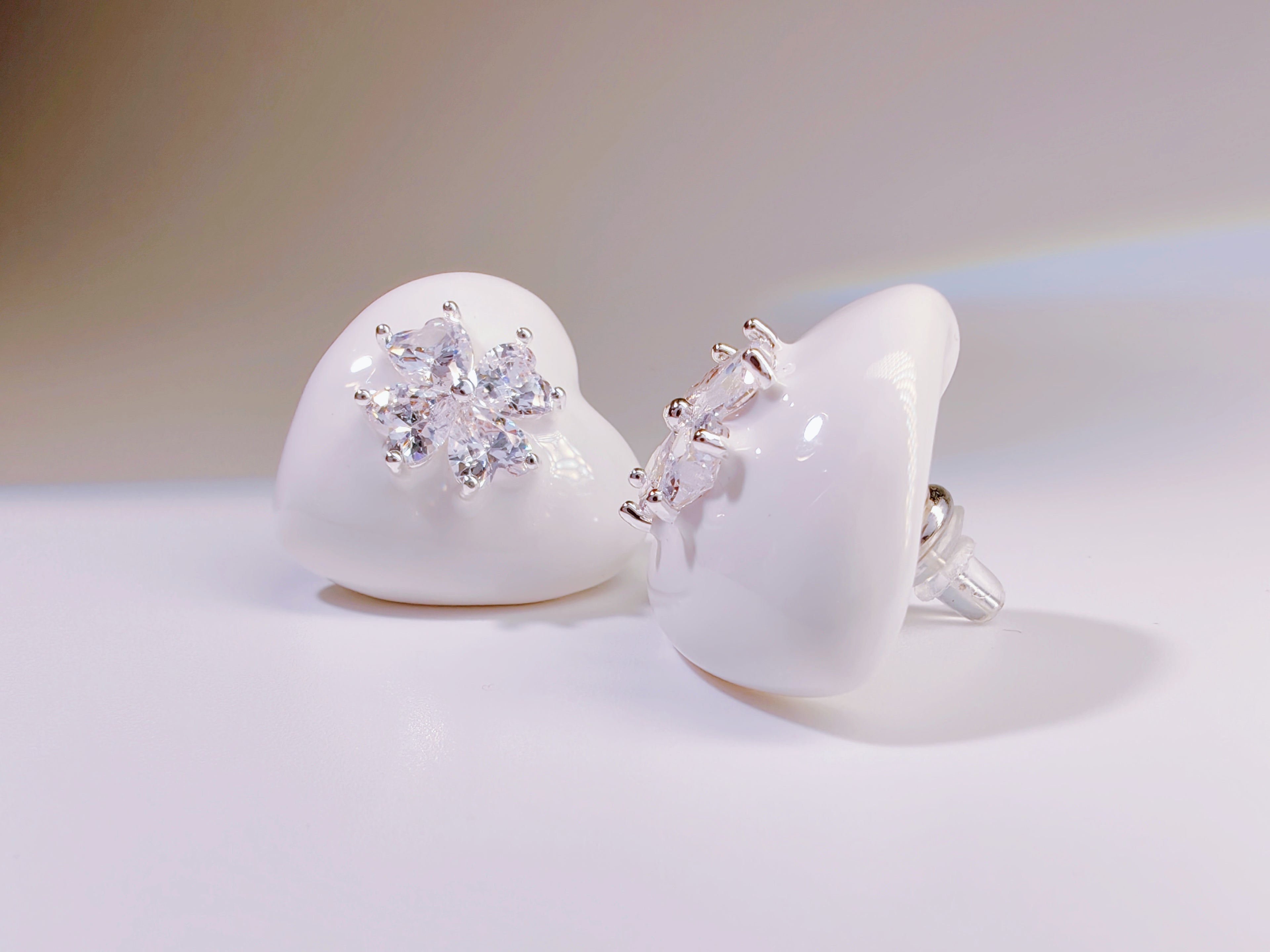 White Enamel Heart Stud Earrings with CZ Flower