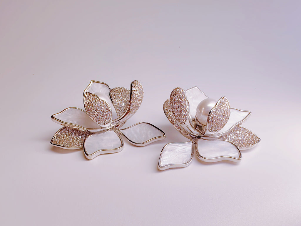 Silver-Plated Cubic Zirconia & Pearl Magnolia Stud Earrings