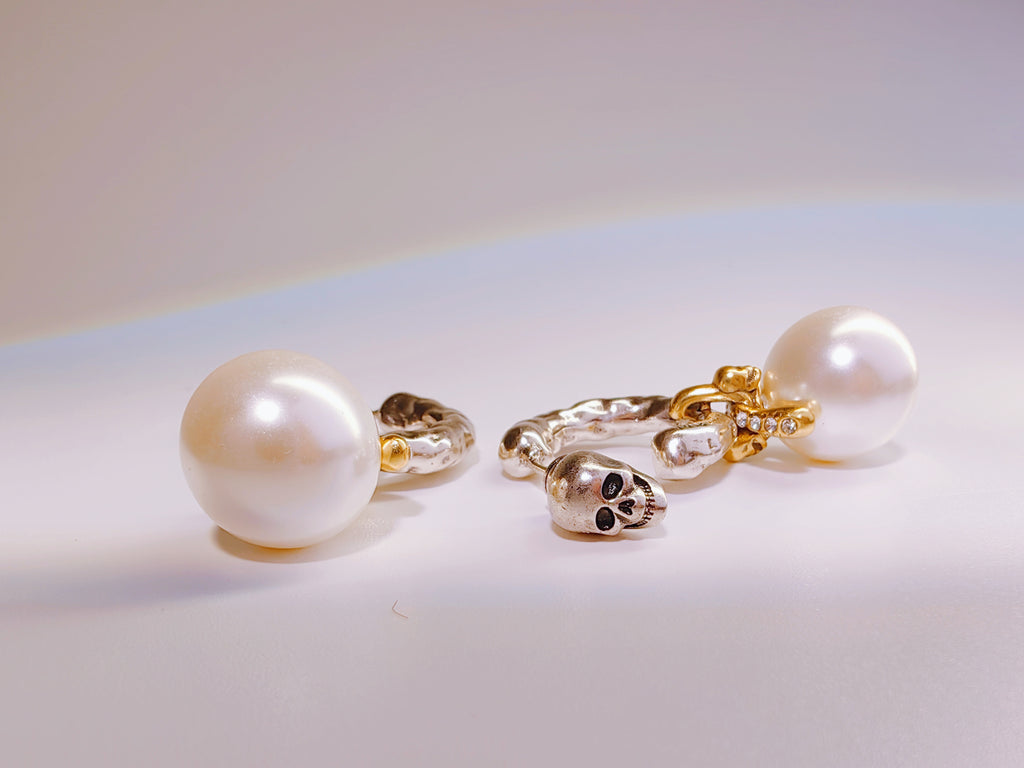 Gold & Silver Tone Skull & Pearl Drop Earrings