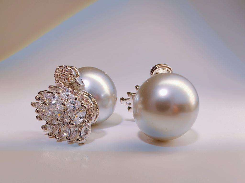 Cubic Zirconia Swan & Faux Pearl Reversible Studs