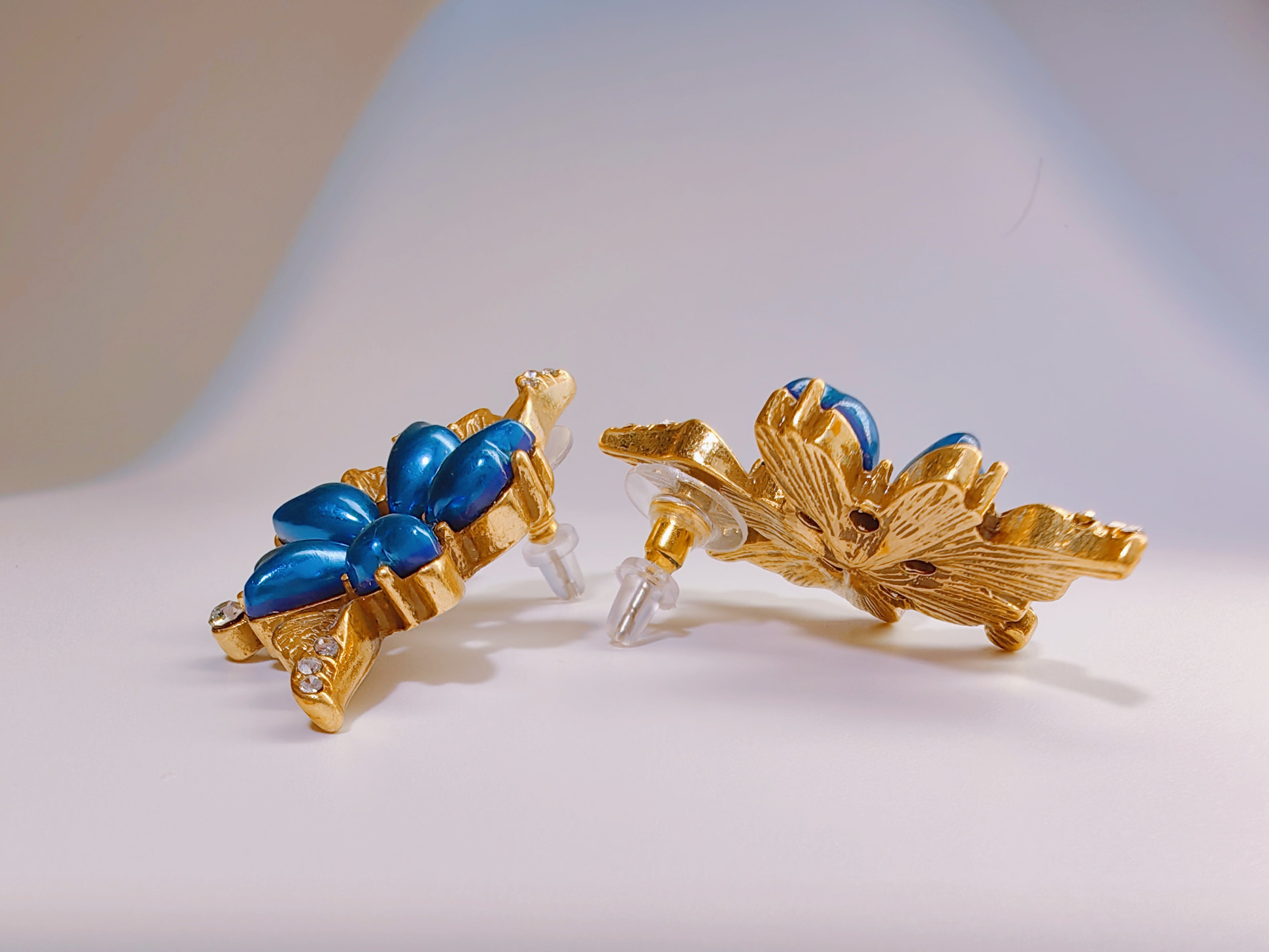 Midnight Blue Petal & Gold Statement Earrings