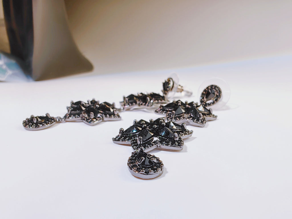 Black Gunmetal CZ Flower Drop Earrings
