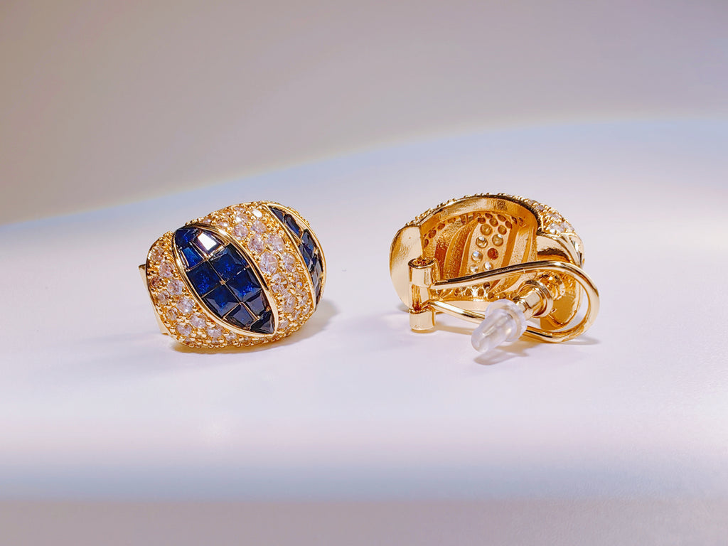 Gold-Tone Navy Blue and Clear CZ Huggie Earrings