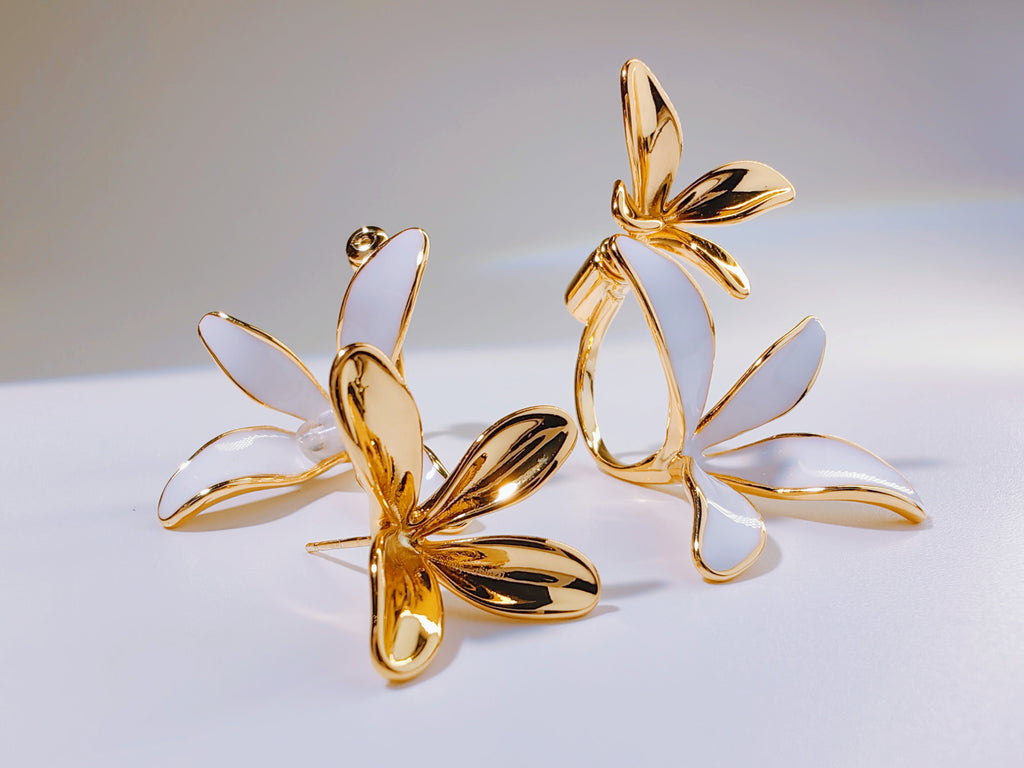 Gold-Tone White Enamel Flower Hoop Earrings