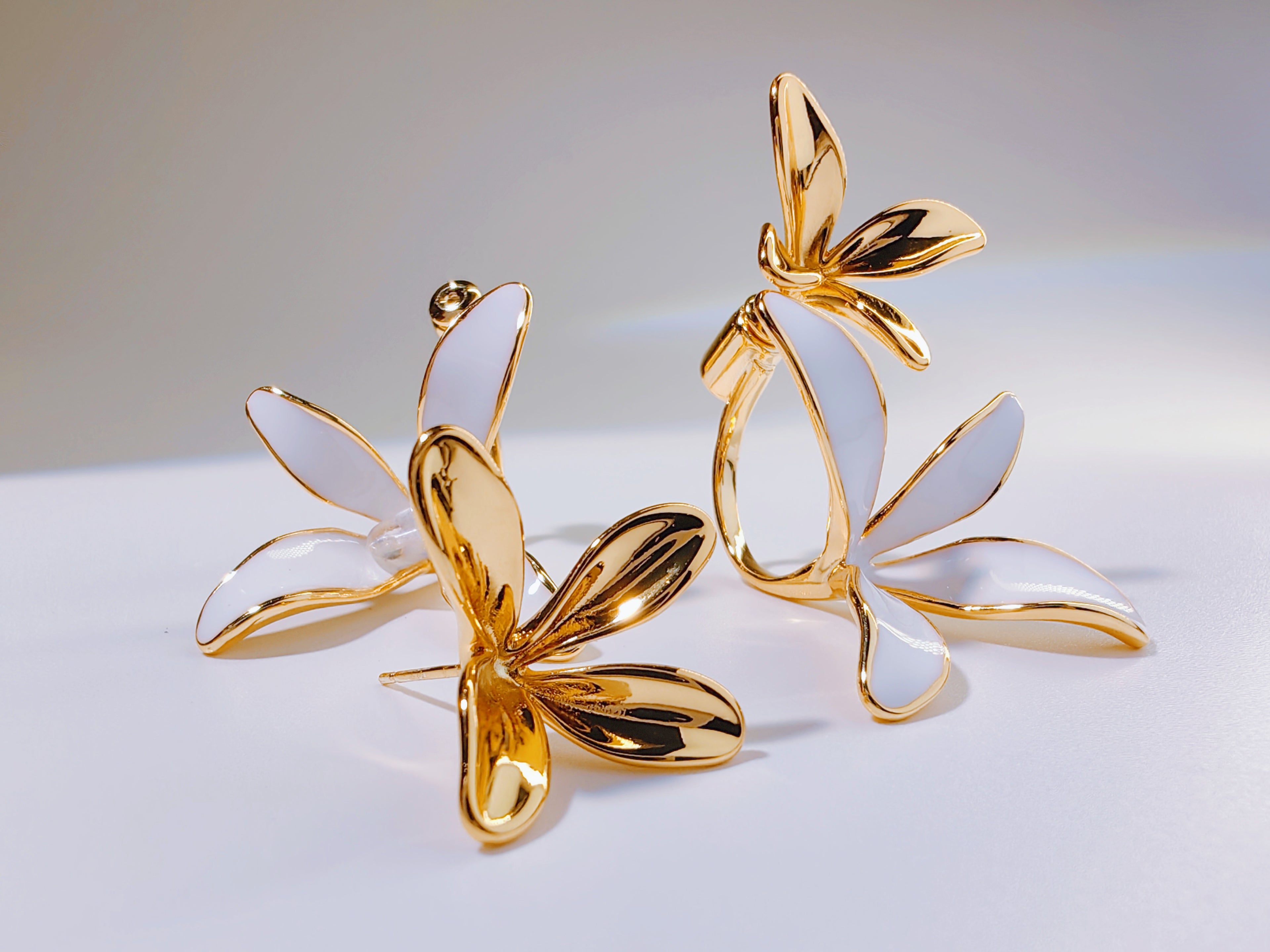 Gold-Tone White Enamel Flower Hoop Earrings