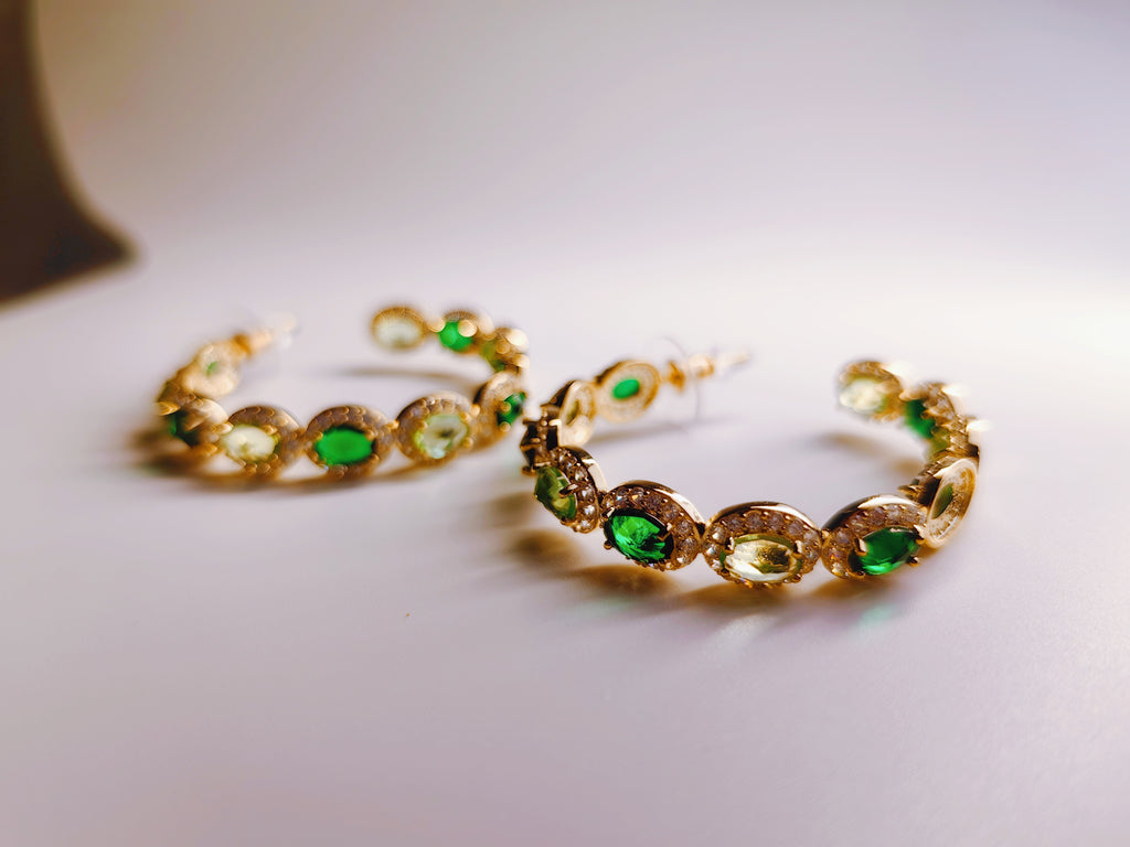 Gold-Plated Two-Tone Green Cubic Zirconia Hoop Earrings