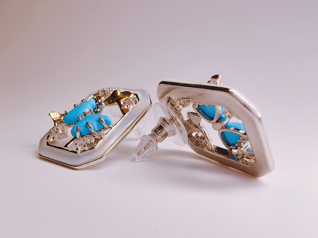 Silver-Plated Turquoise Style & Mother-of-Pearl Frame Stud Earrings