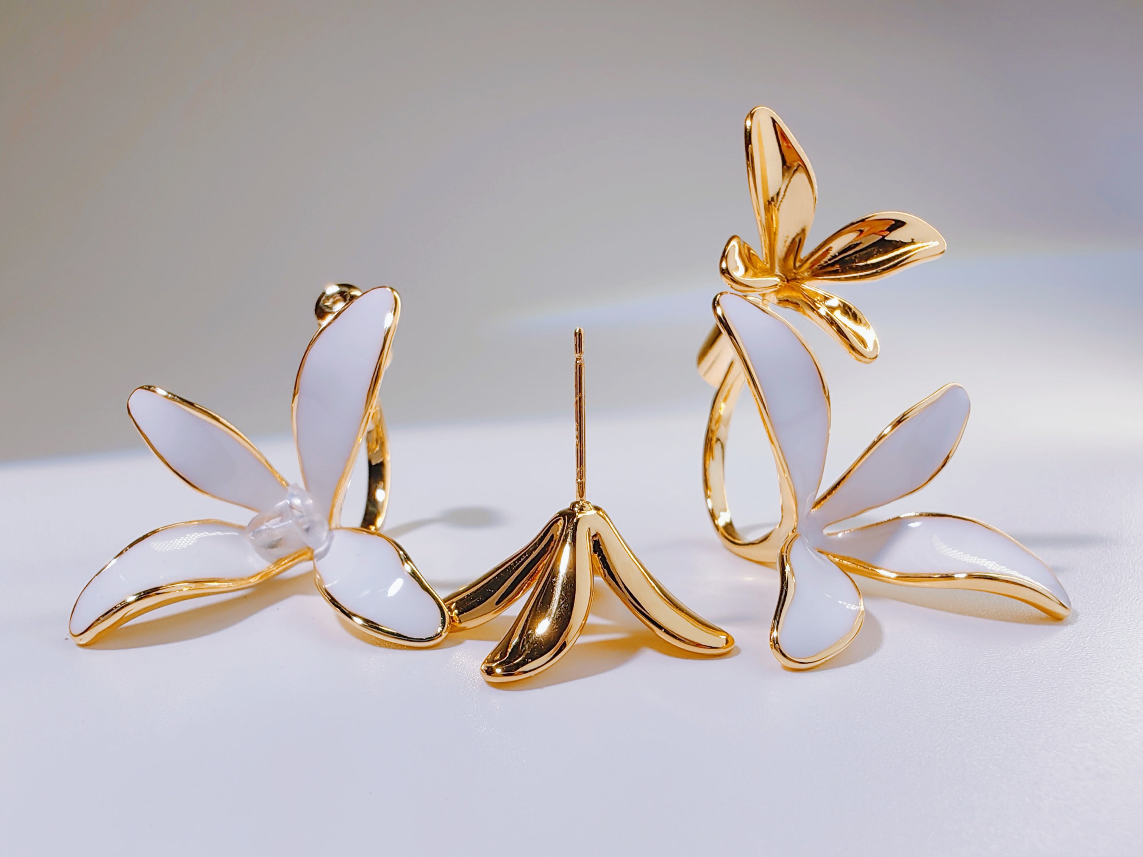 Gold-Tone White Enamel Flower Hoop Earrings