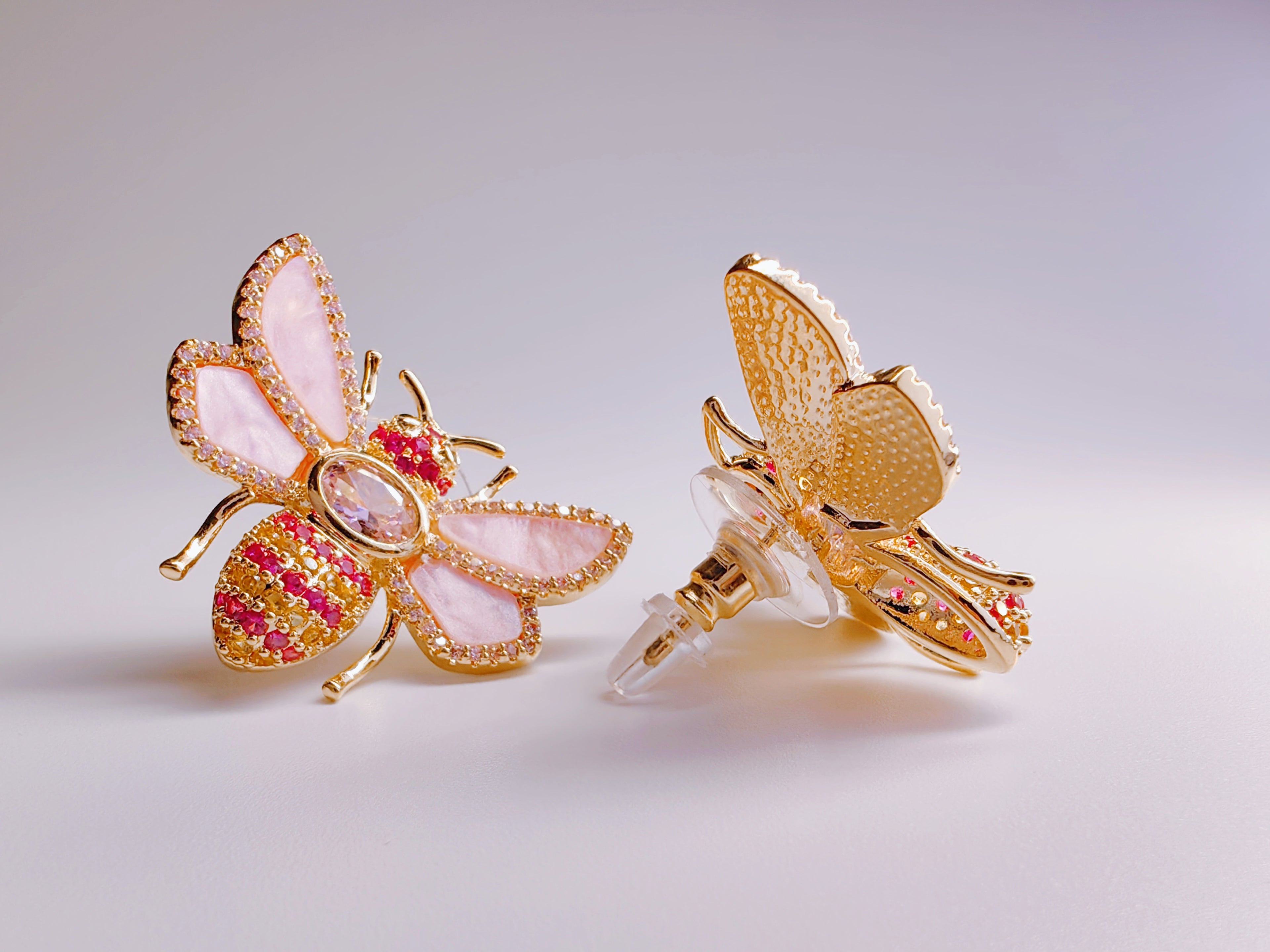 Pink Enamel Bee Stud Earrings