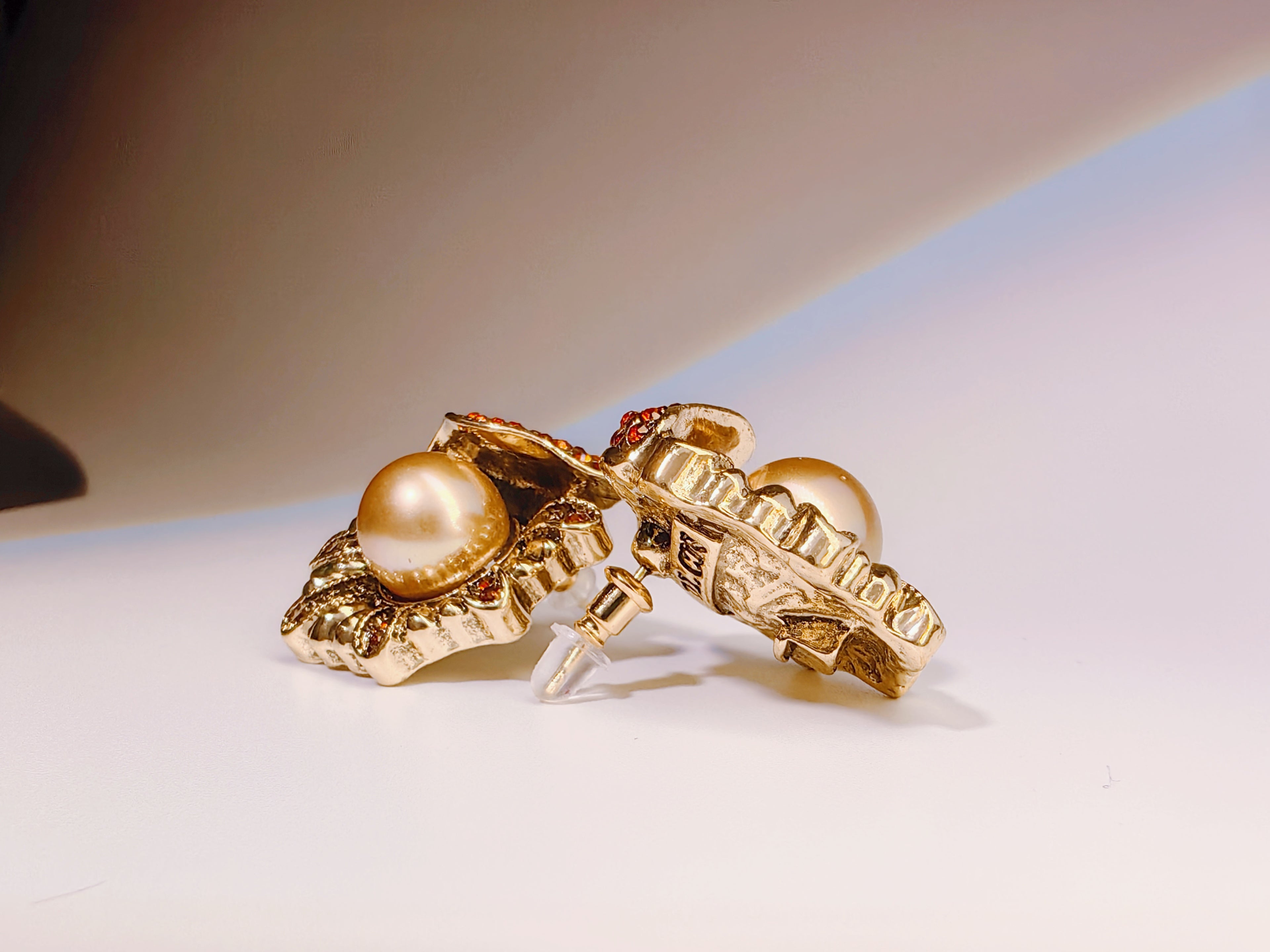 Antique Style Champagne Pearl & Red Crystal Studs