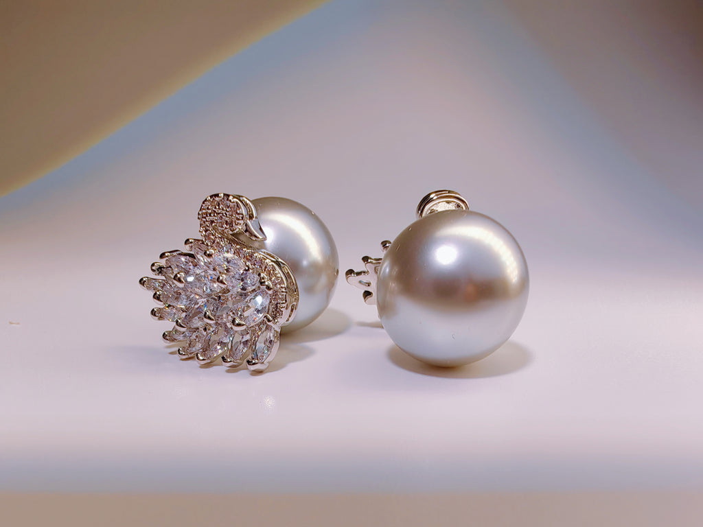Cubic Zirconia Swan & Faux Pearl Reversible Studs