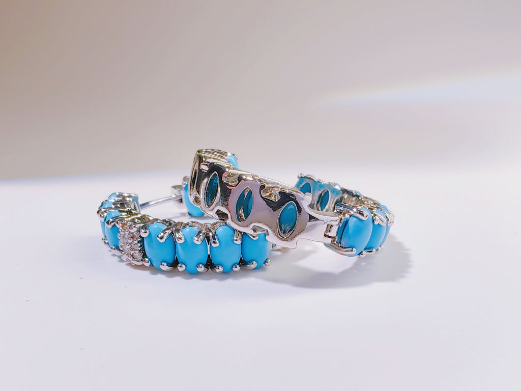 Silver-Tone Turquoise CZ Hoop Earrings