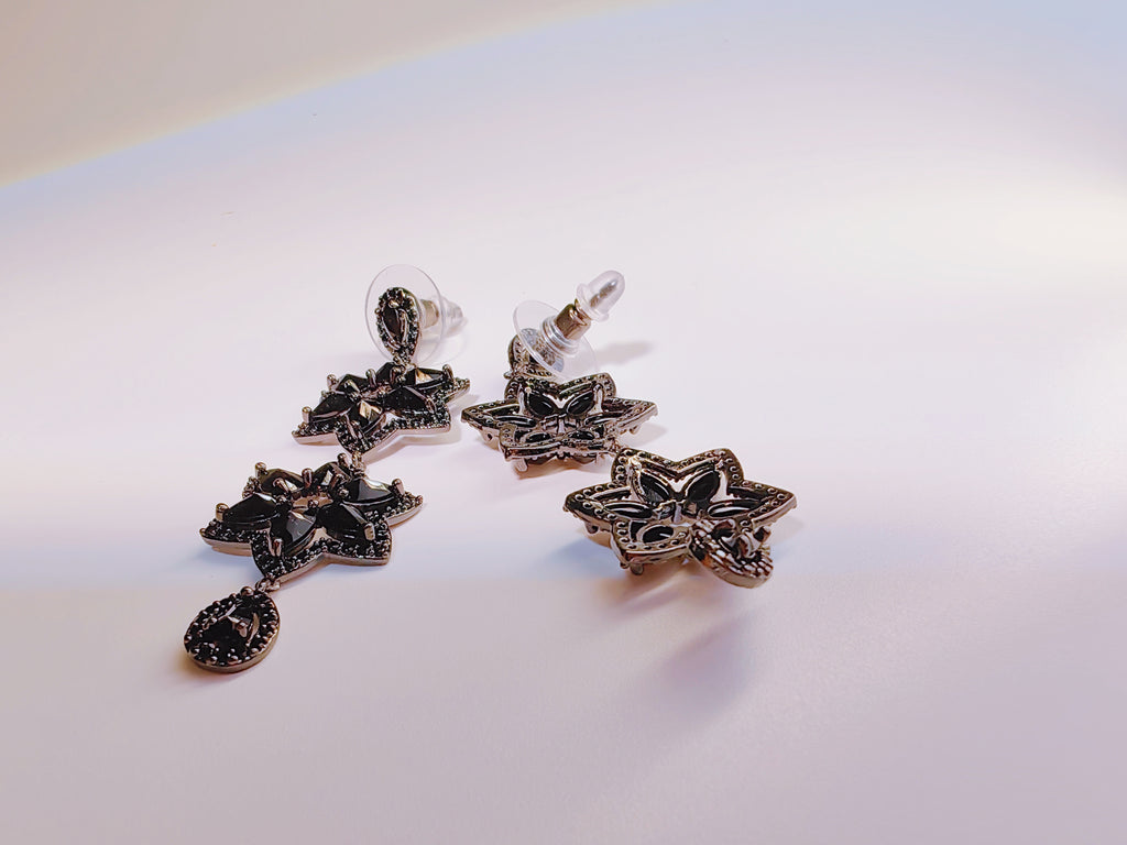 Black Gunmetal CZ Flower Drop Earrings