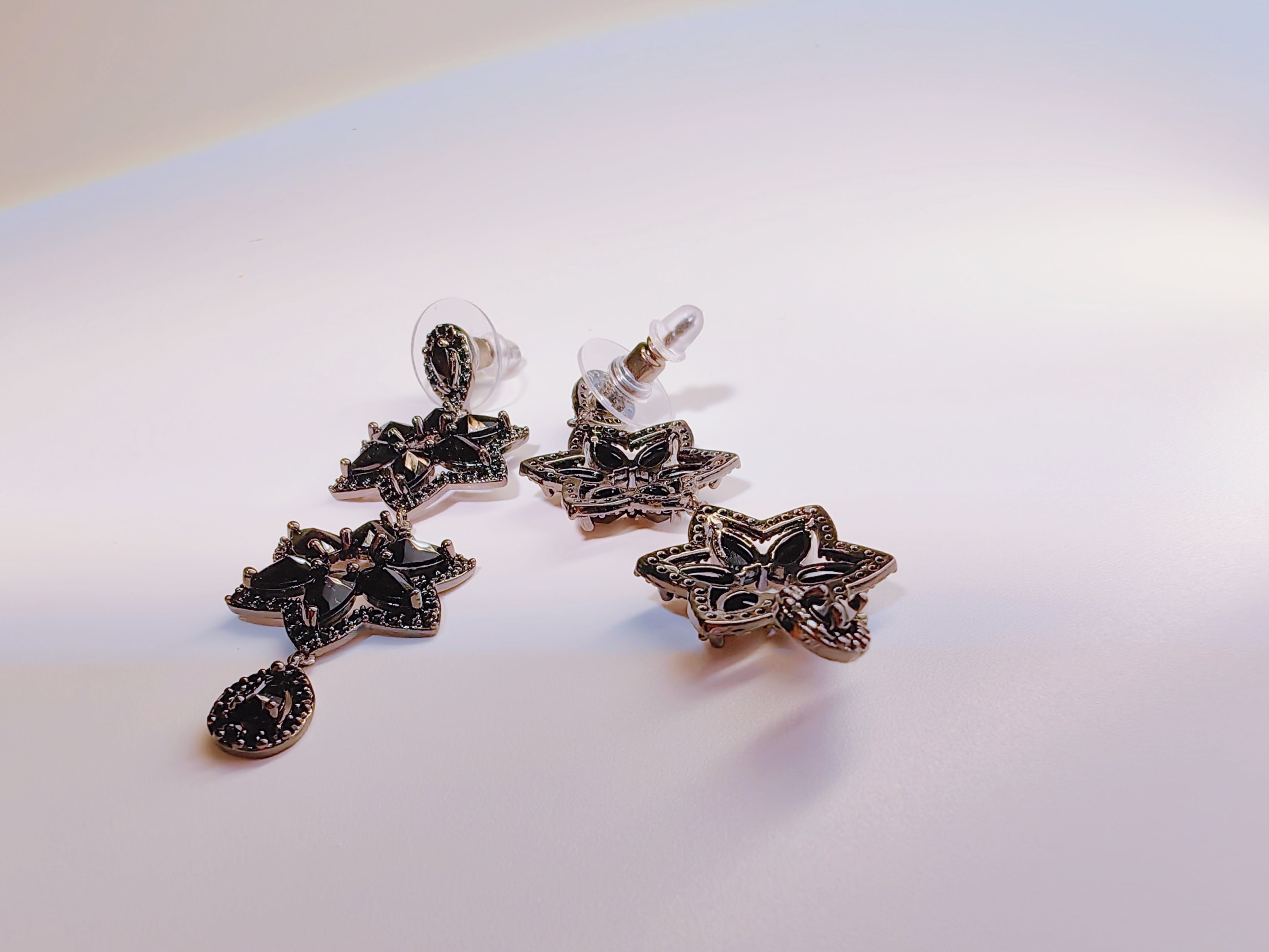 Black Gunmetal CZ Flower Drop Earrings