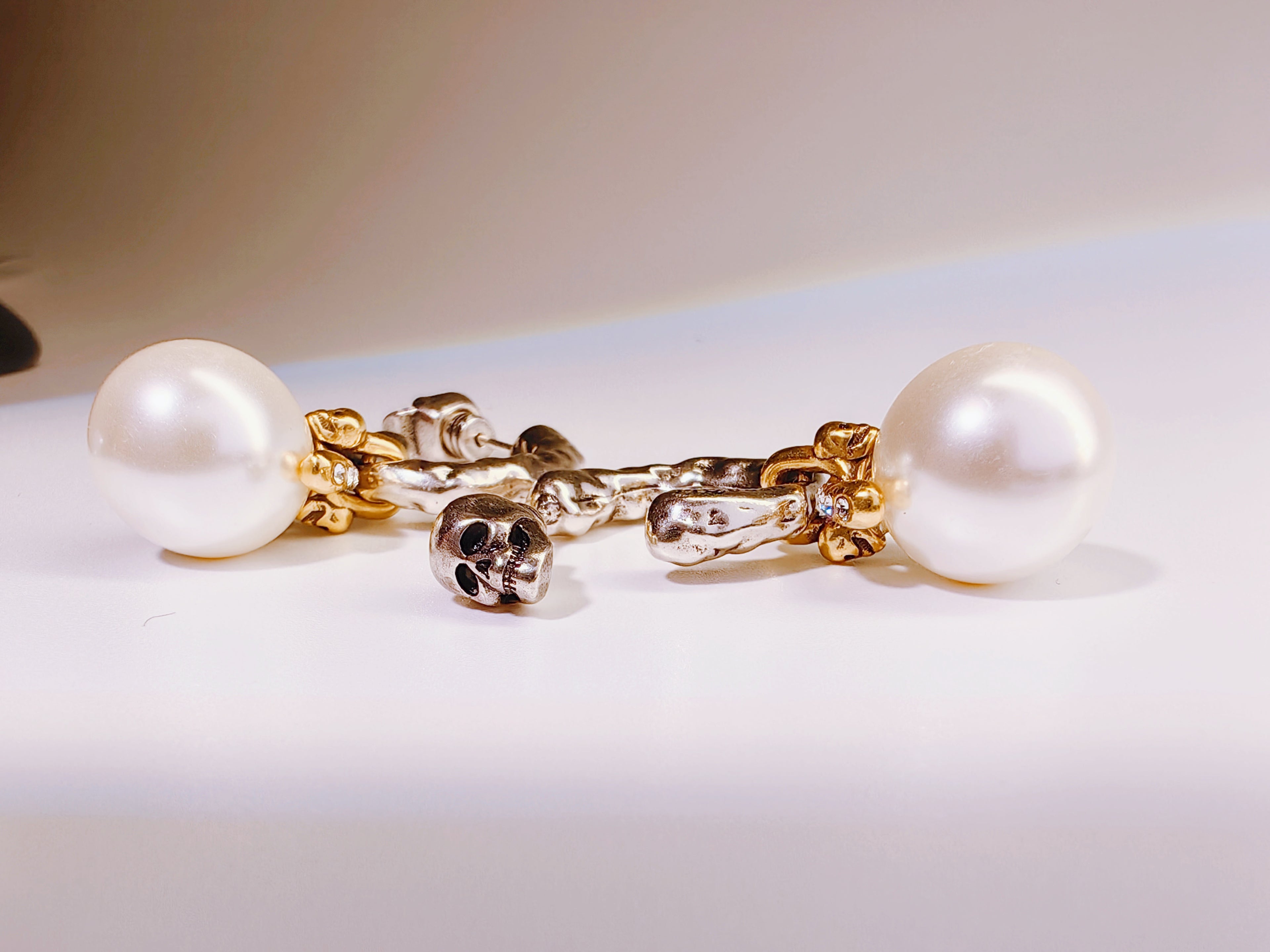 Gold & Silver Tone Skull & Pearl Drop Earrings