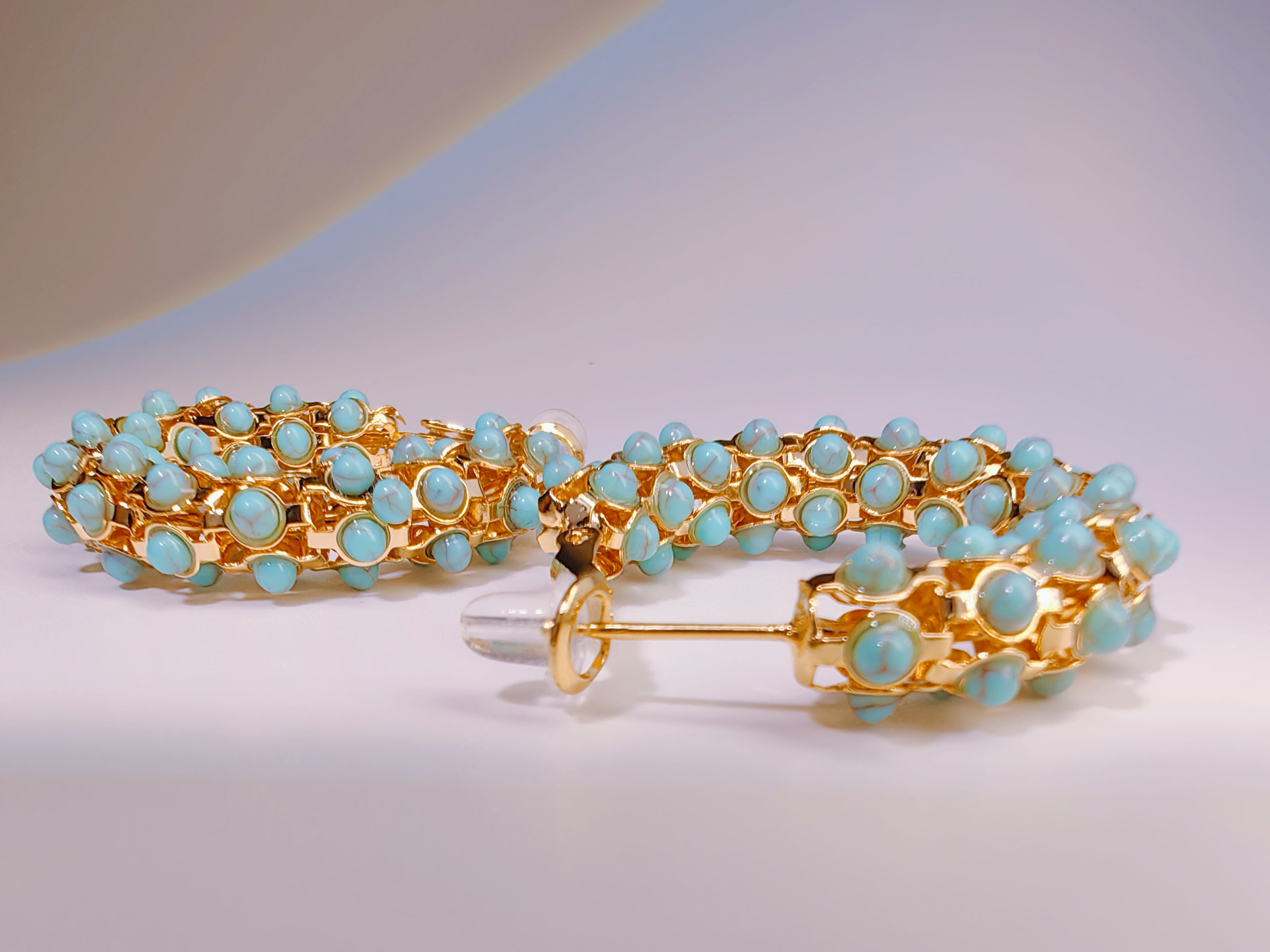 Boho Light Blue Stone Gold Hoop Earrings