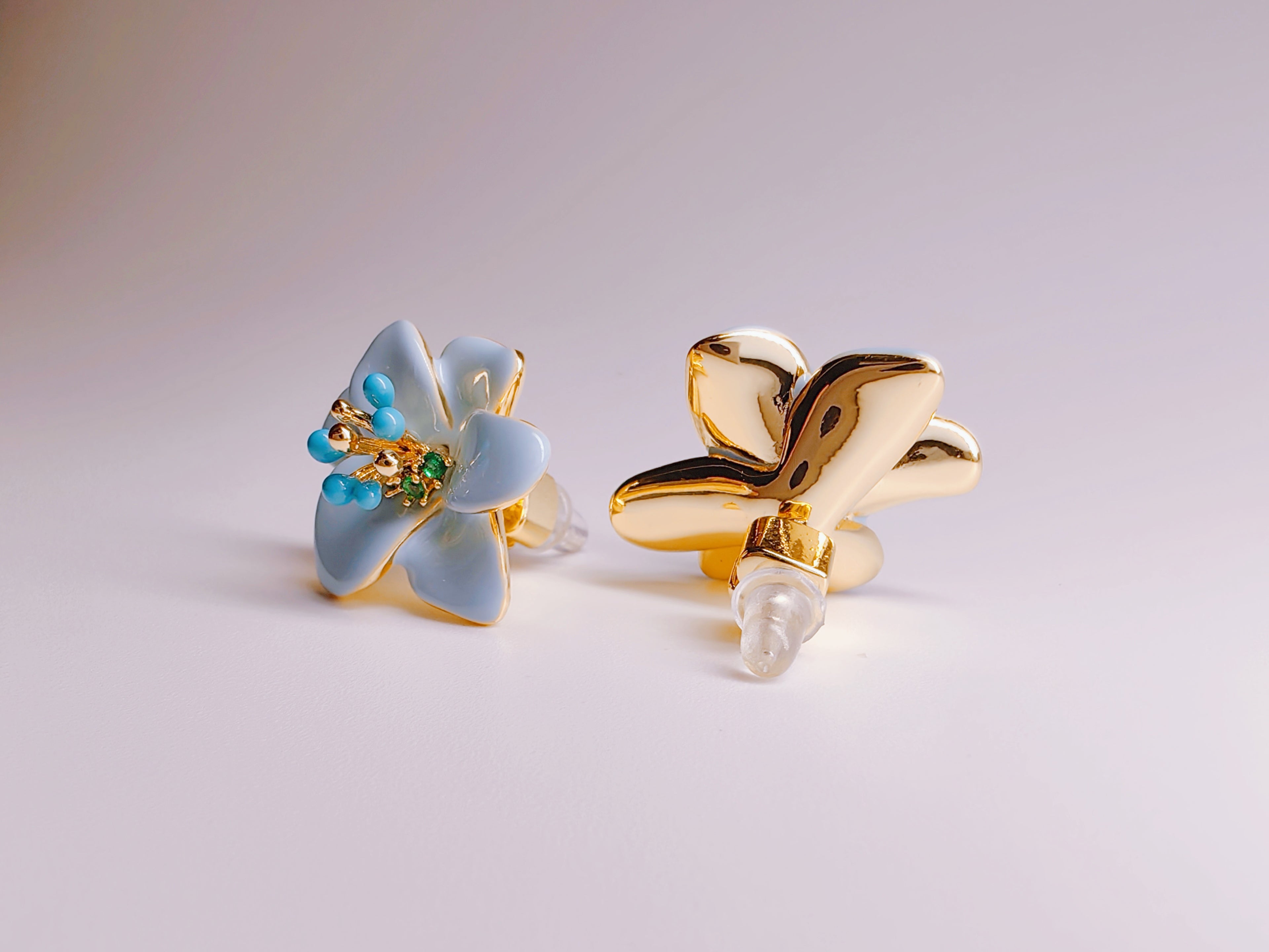 Gold-Plated Light Blue Enamel Flower Stud Earrings