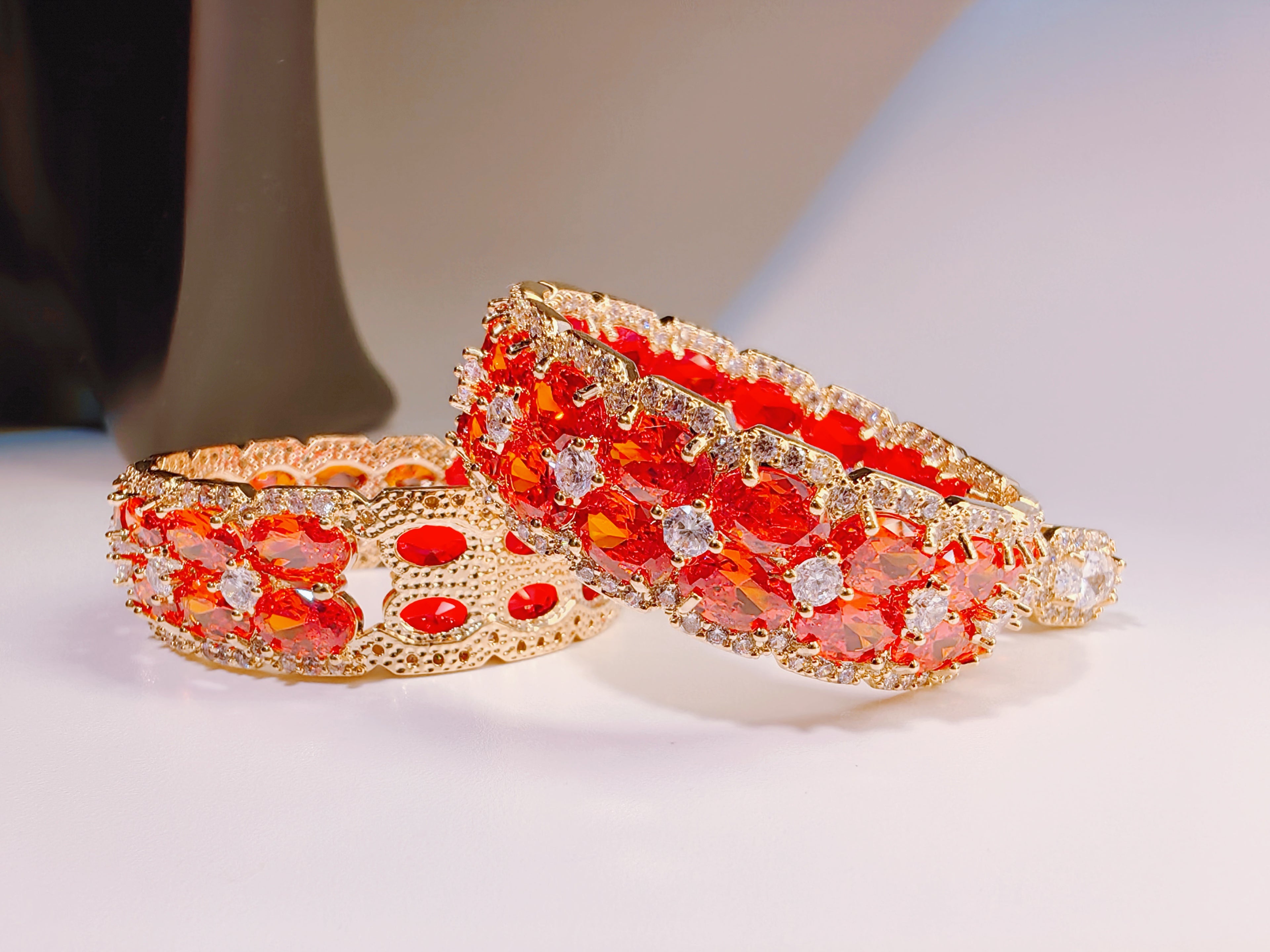 Gold-Plated Red Crystal Statement Cuff Earrings