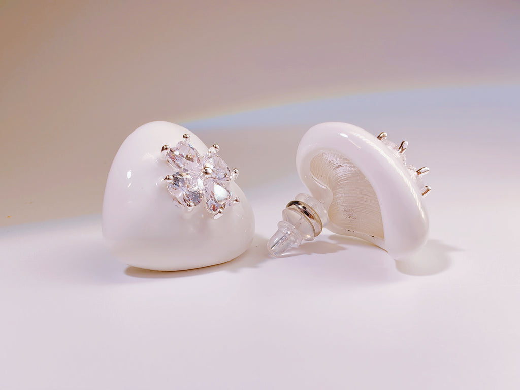 White Enamel Heart Stud Earrings with CZ Flower