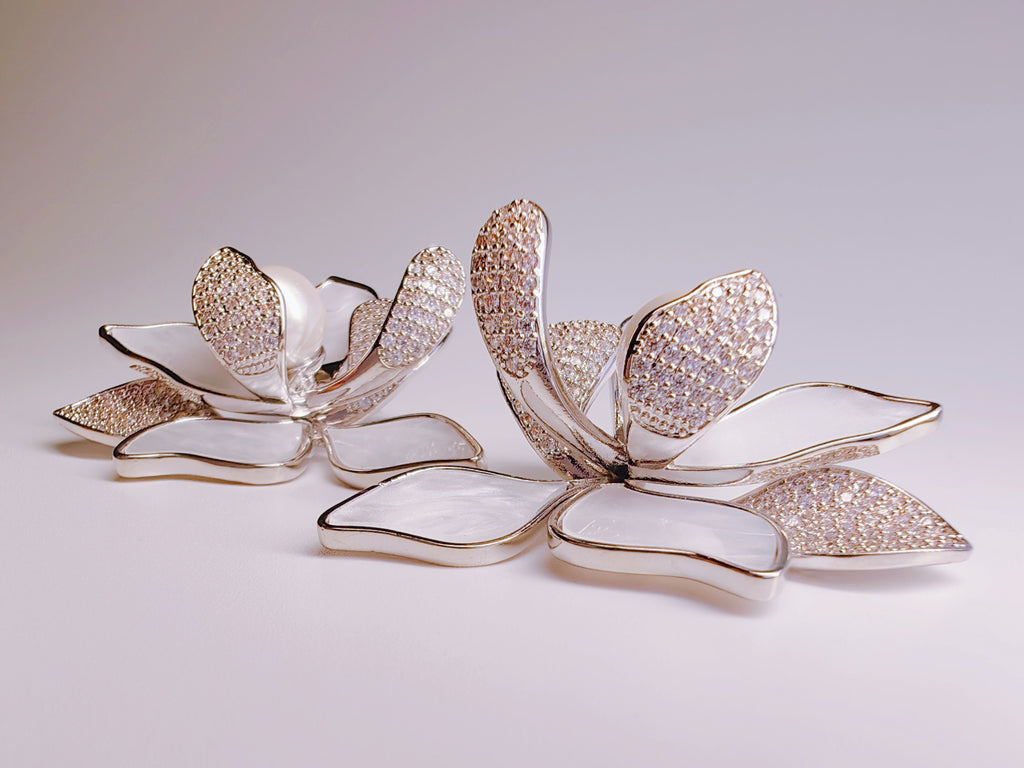 Silver-Plated Cubic Zirconia & Pearl Magnolia Stud Earrings