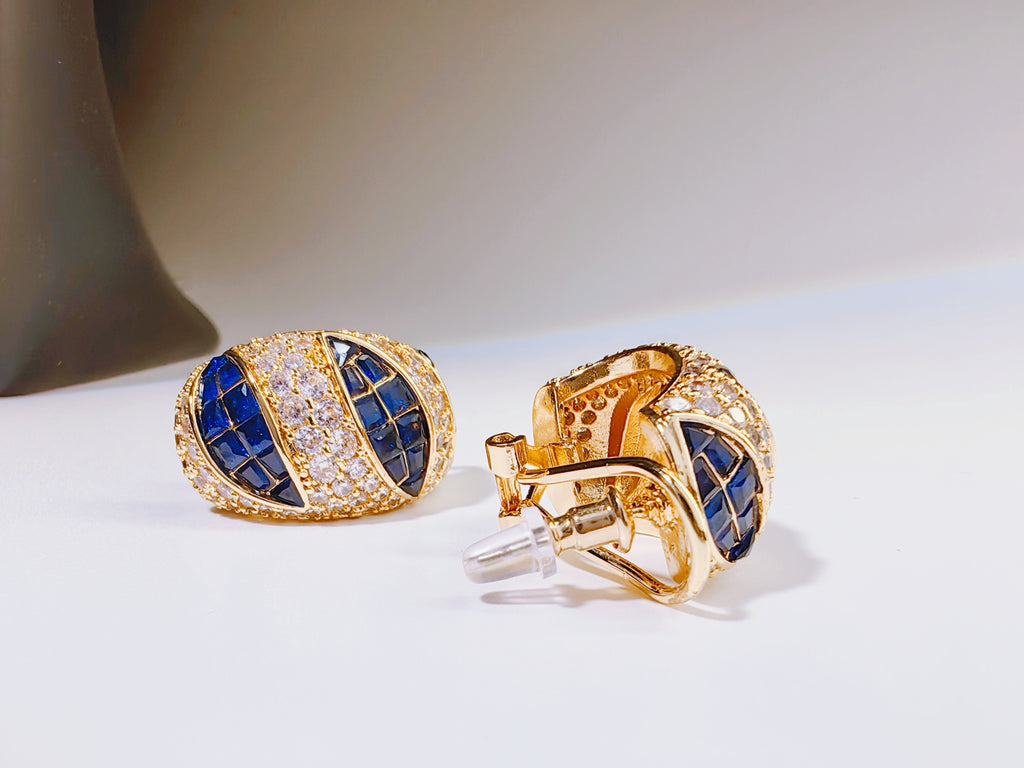 Gold-Tone Navy Blue and Clear CZ Huggie Earrings
