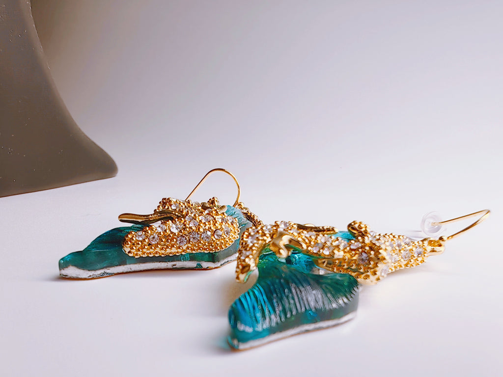 Gold-Plated Teal Enamel & CZ Butterfly Drop Earrings