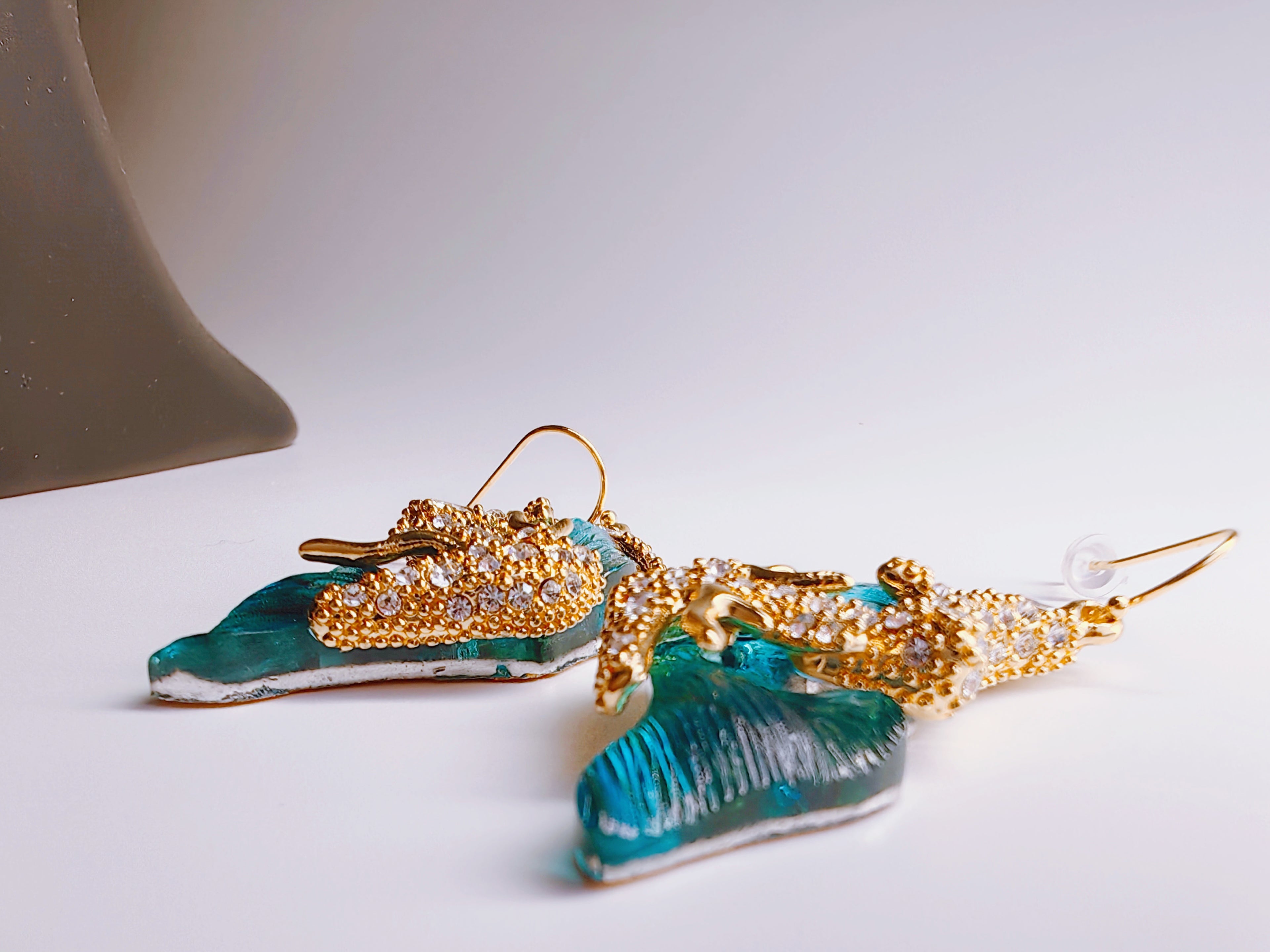 Gold-Plated Teal Enamel & CZ Butterfly Drop Earrings
