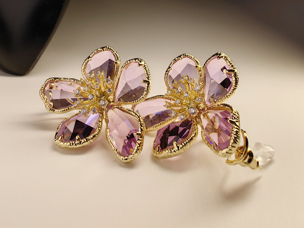 Gold Tone Pink Crystal Flower Stud Earrings